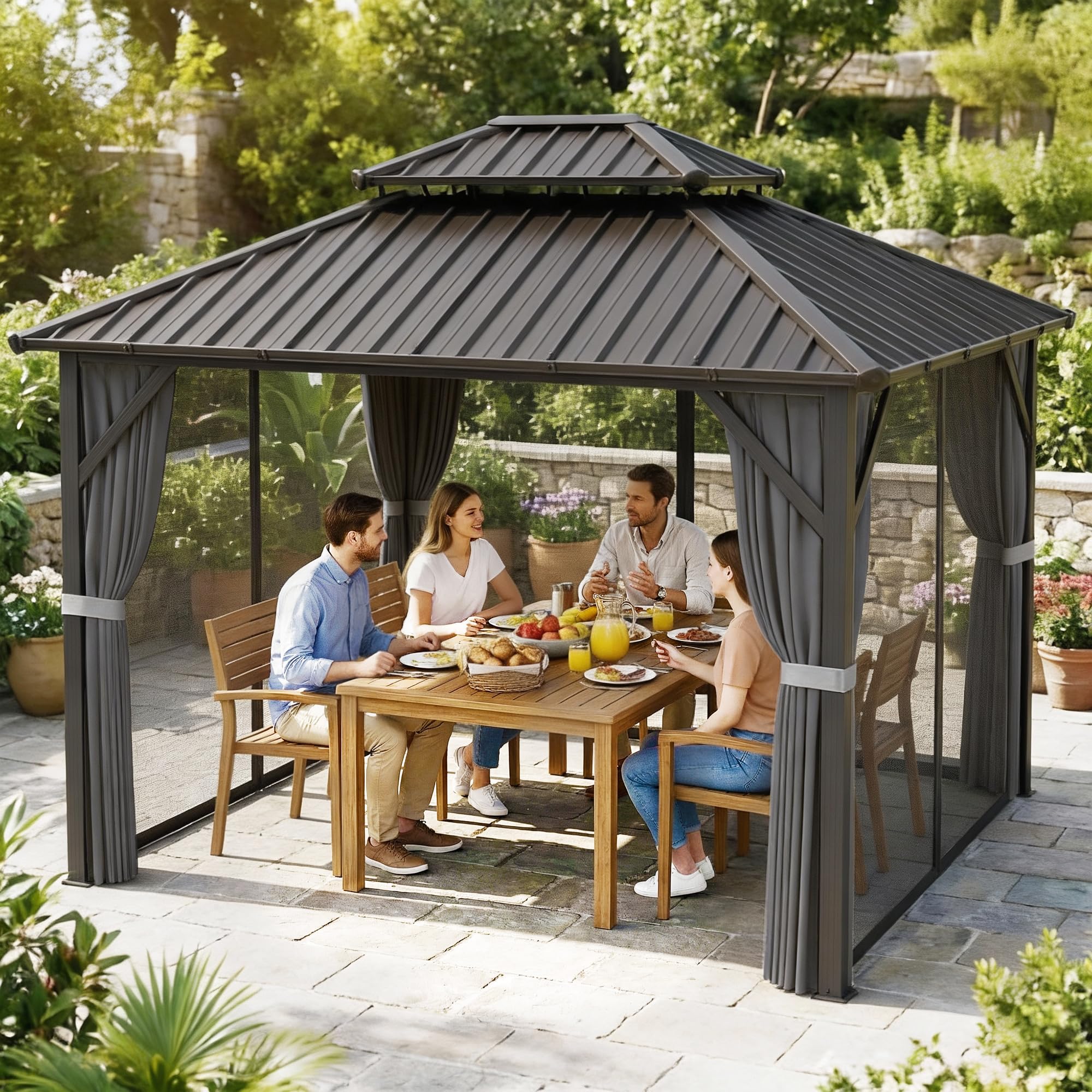 Outsunny Pavillon 3 x 3,6 m Toit Rigide Acier Galvanisé UPF50+ Gris Foncé