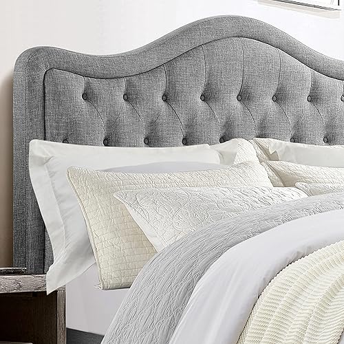 Miniatura 4 de Rosevera Turin Linen - Cama tapizada con paneles y cabecero capitonado con botones ajustables para dormitorio, tamaño Queen, color gris