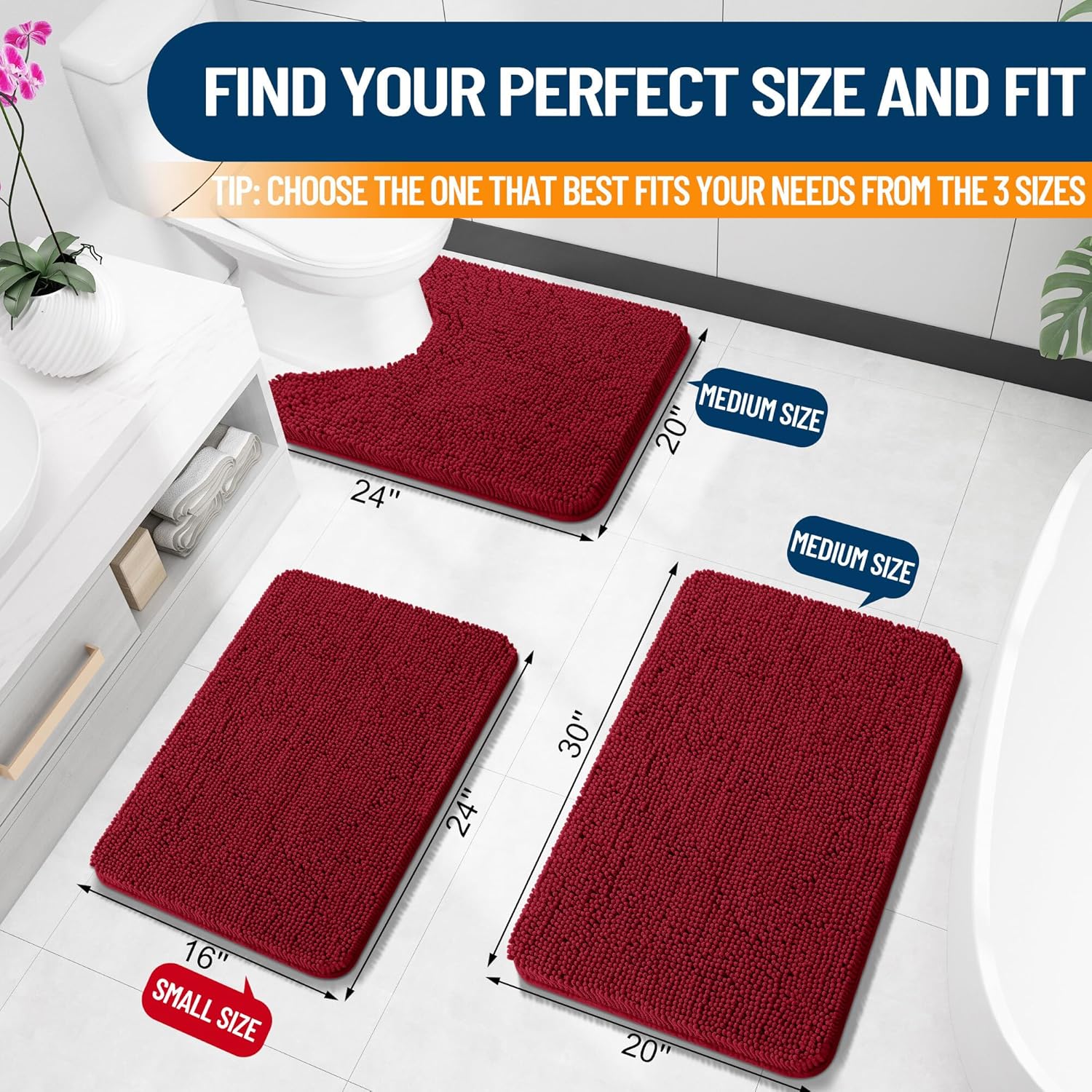 OLANLY Bathroom Rugs 30x20, Extra Soft Absorbent Chenille Bath Rugs, Rubber Backing Quick Dry, Machine Washable Bath Mats for Bathroom Floor, Tub and Shower, Home Decor Accessories, Red