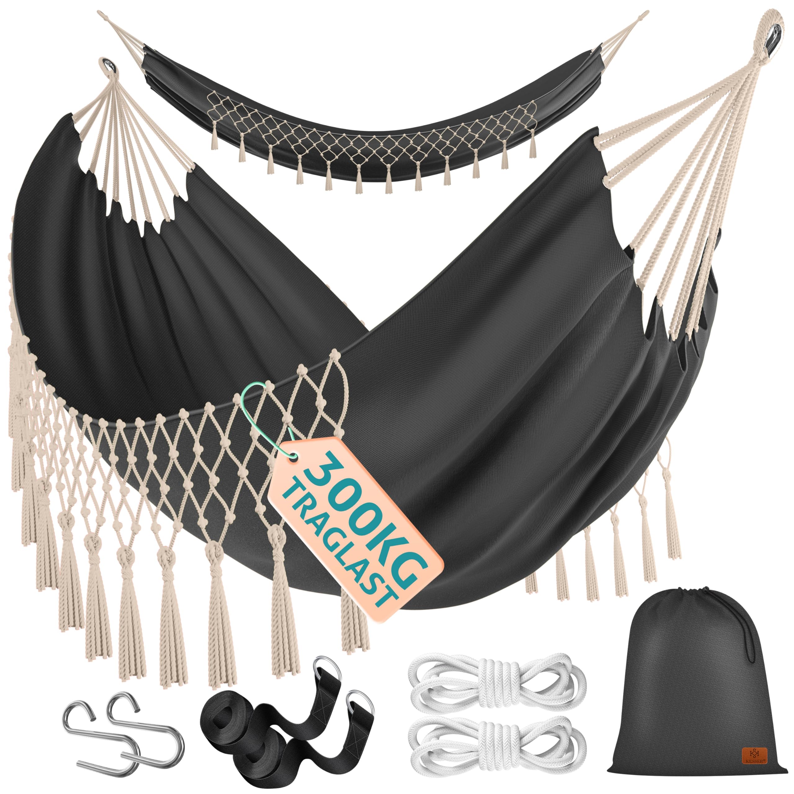 KESSER® Hängematte 320x150 cm belastbar bis 300 kg, wetterfeste & atmungsaktive Tuchhängematte mit Fransen für 1-2 Personen – Ideal für Camping, Garten & Outdoor, inkl. Beutel, Seile & Gurte,Anthrazit