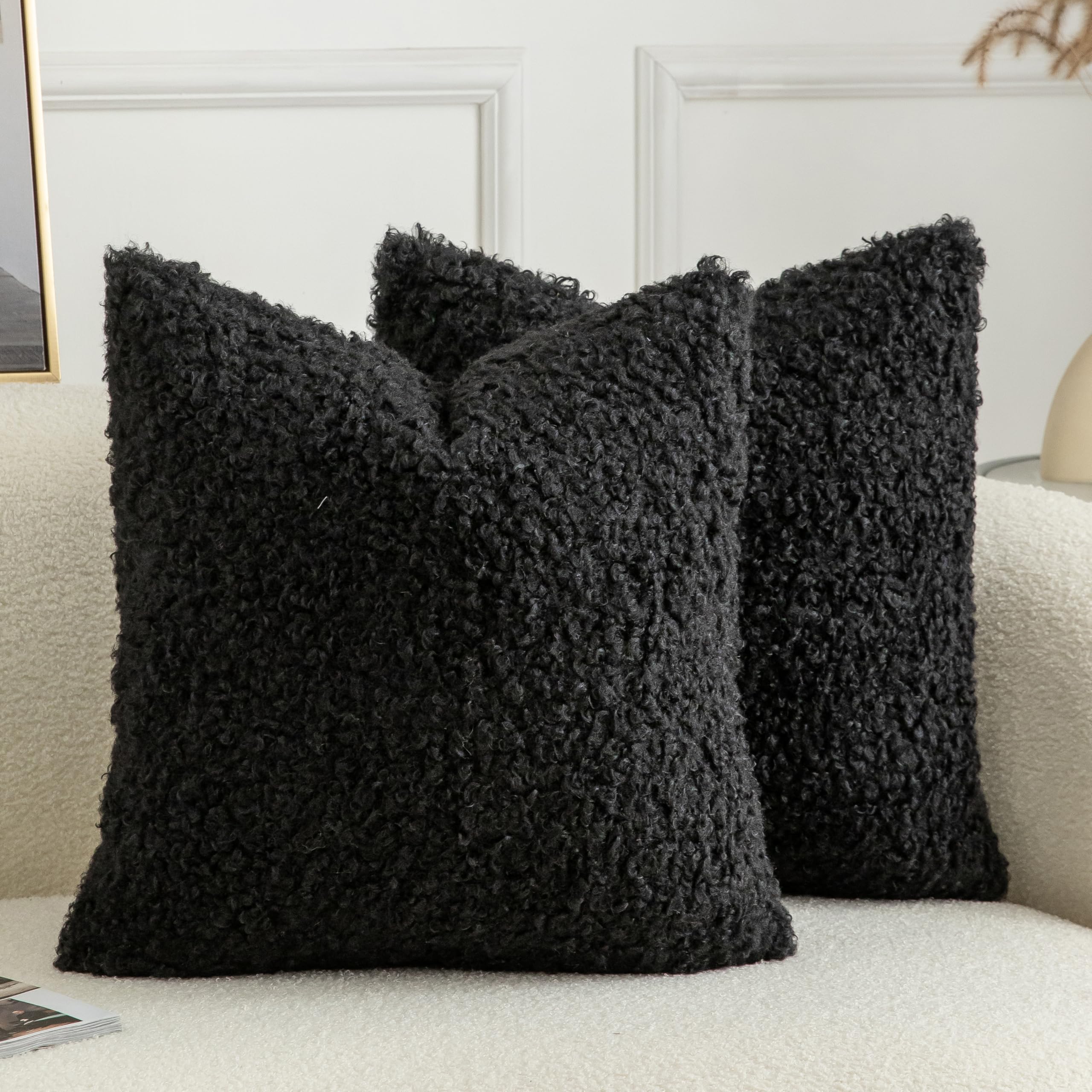 Joyouth Pack of 2 Curly Teddy Wool Faux Fur Cushion Cover Fuzzy Accent Soft Sherpa Pillowcases Sheepskin Fleece Decorative Cushion Case for Sofa Couch Living Room 24x24 Inch Black โ image 1