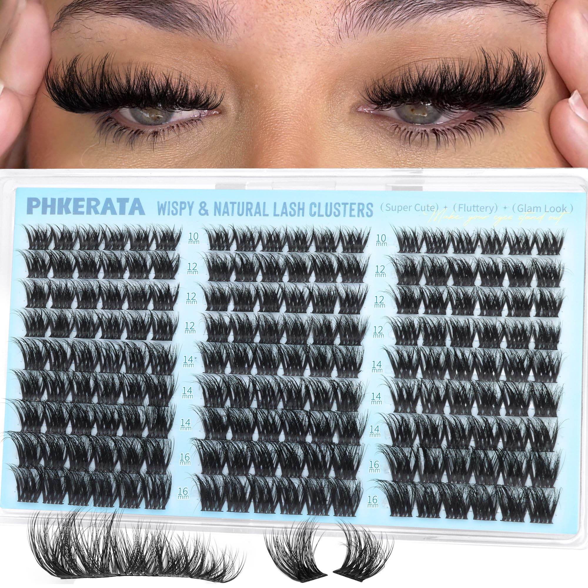 PHKERATA Fluffy Lash Clusters Wispy Eyelash Clusters Natural C Curl Cluster Eyelash Extensions Volume Individual Lashes DIY Eyelash Extension with Soft Thin Band, 10-16mm