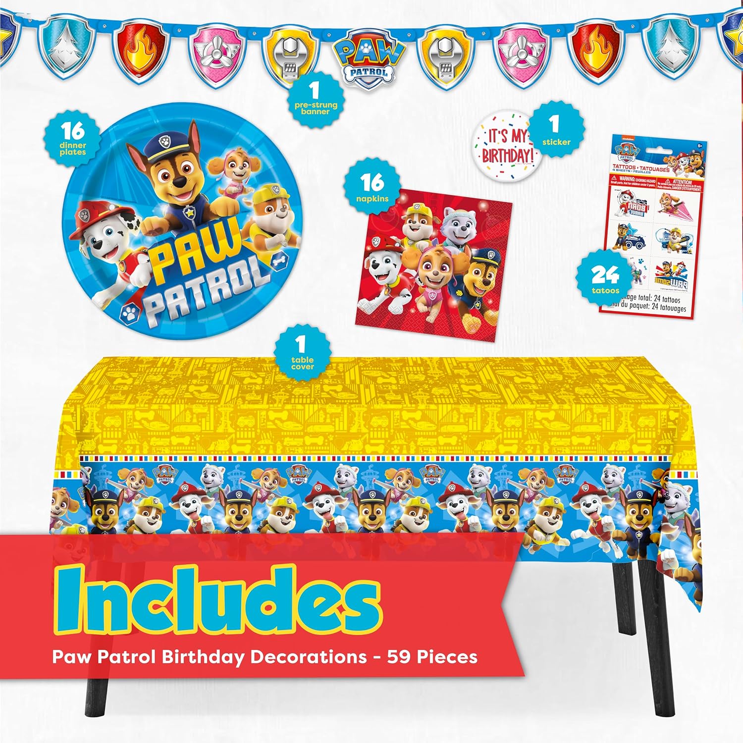 Paw Patrol Birthday Decorations for Party | Serves 16 | Banner, Tablecloth, Plates and Napkins, Tattoo Party Favors, Sticker | Officially Licensed
