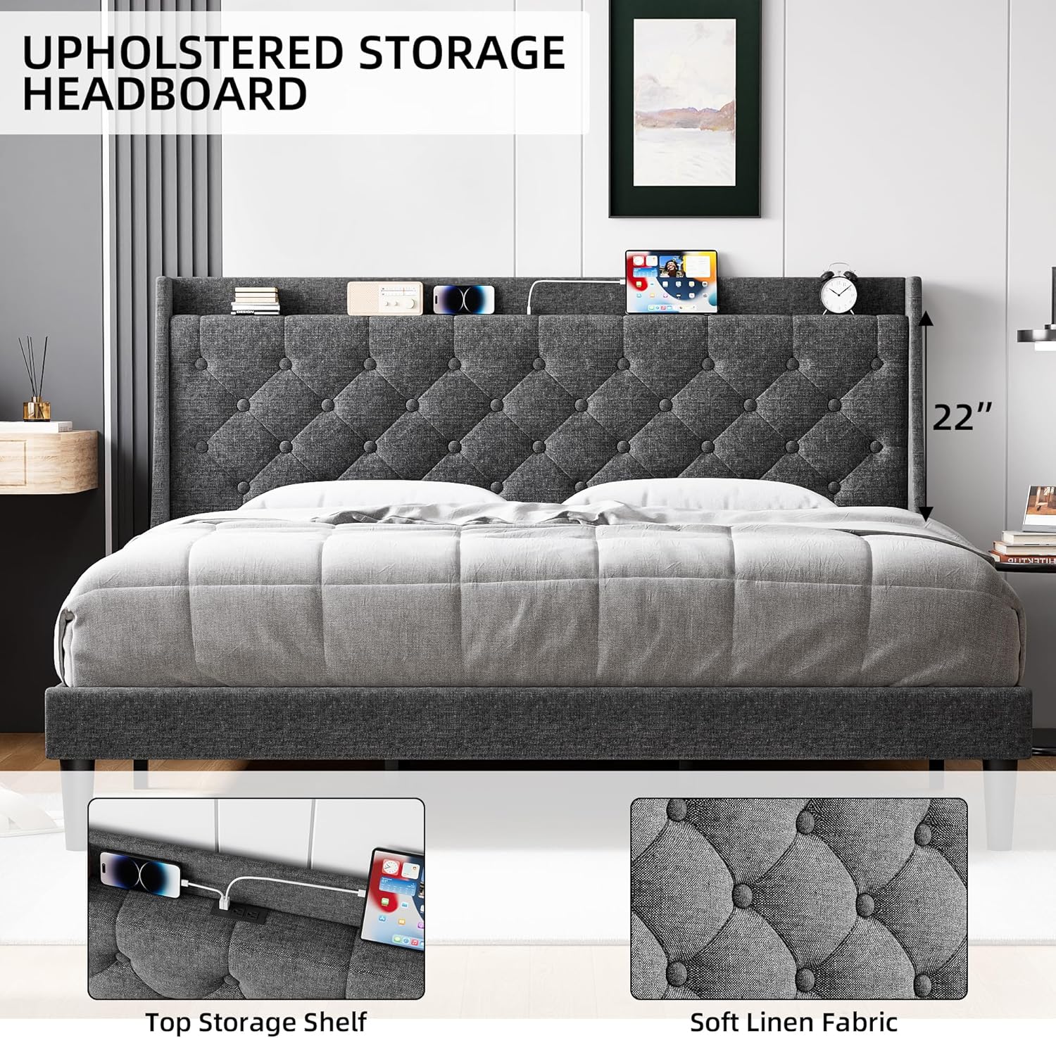 GAOMON King Size Bed Frame with Charging Station and Storage Shelf, Upholstered Platform Bed with Headboard and Wingback, Button Tufted Design, No Box Spring Needed, Easy Assembly, Dark Grey