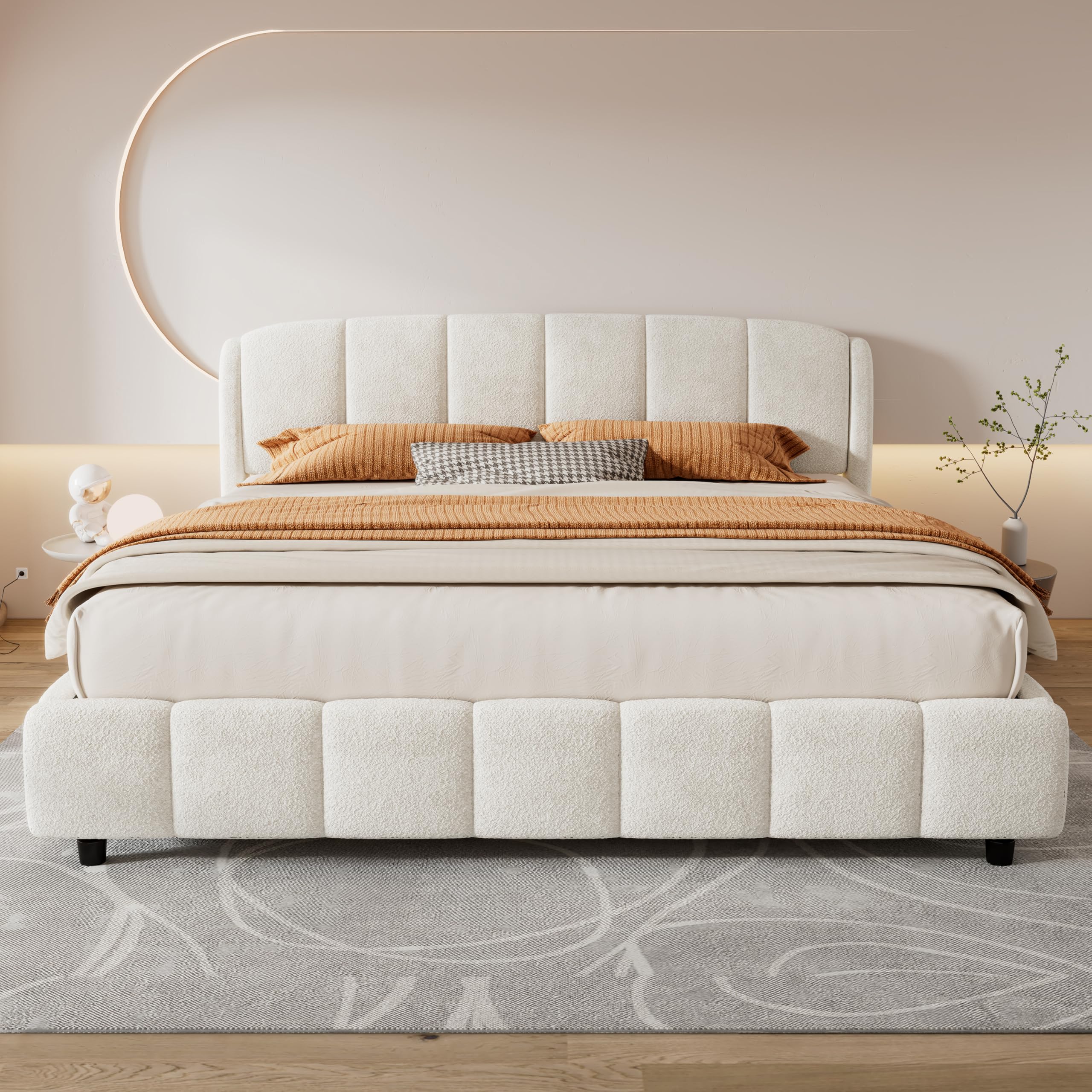Merax King Size Boucle Upholstered Platform Bed Frame, Curve-Shaped Rounded Headboard, Box Spring Not Required, Soft Plush Fabric Bed for Master