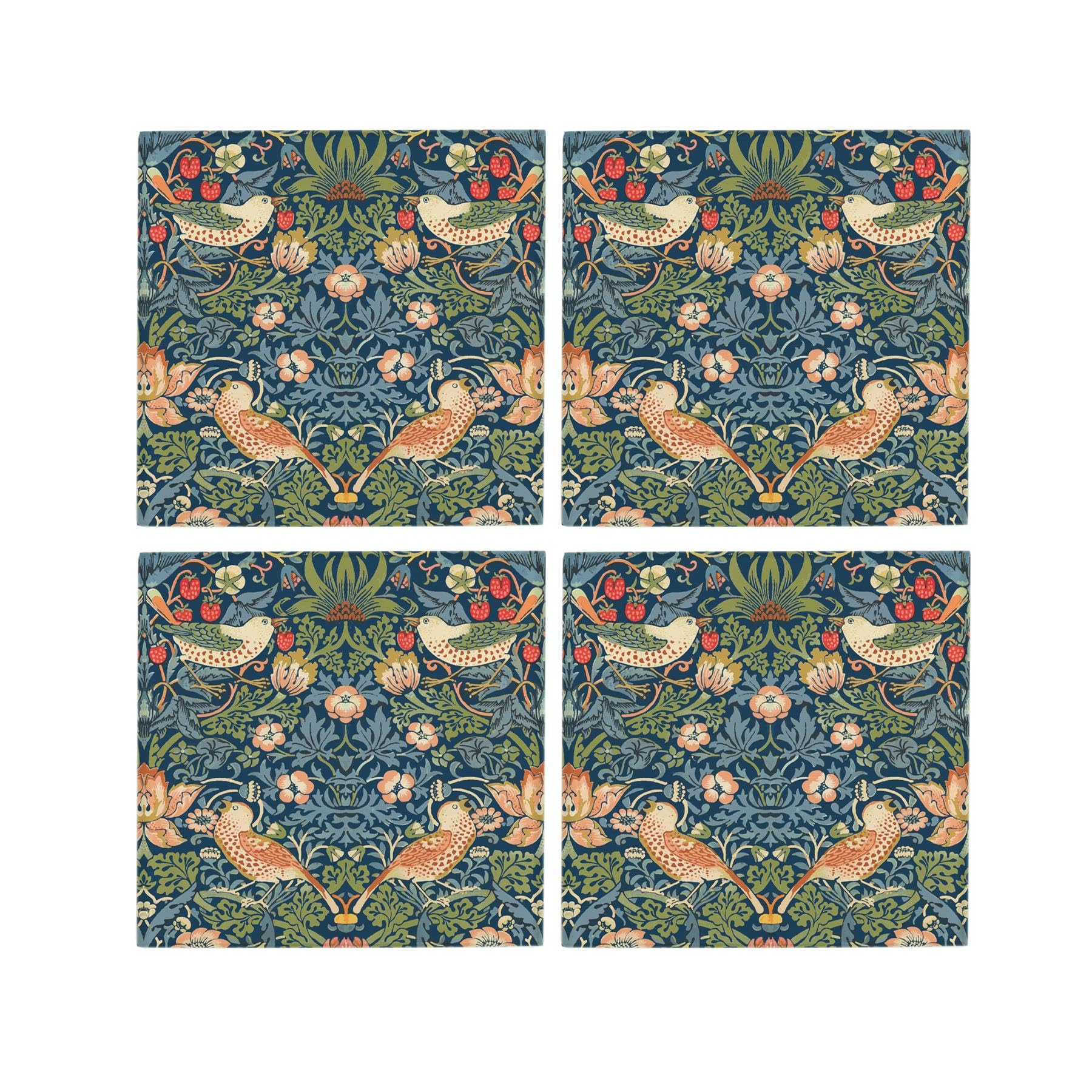 Blue Strawberry Thief Glass Coaster Set - William Morris Artwork Gifts - Set of Four (4) Square Drinks Coasters