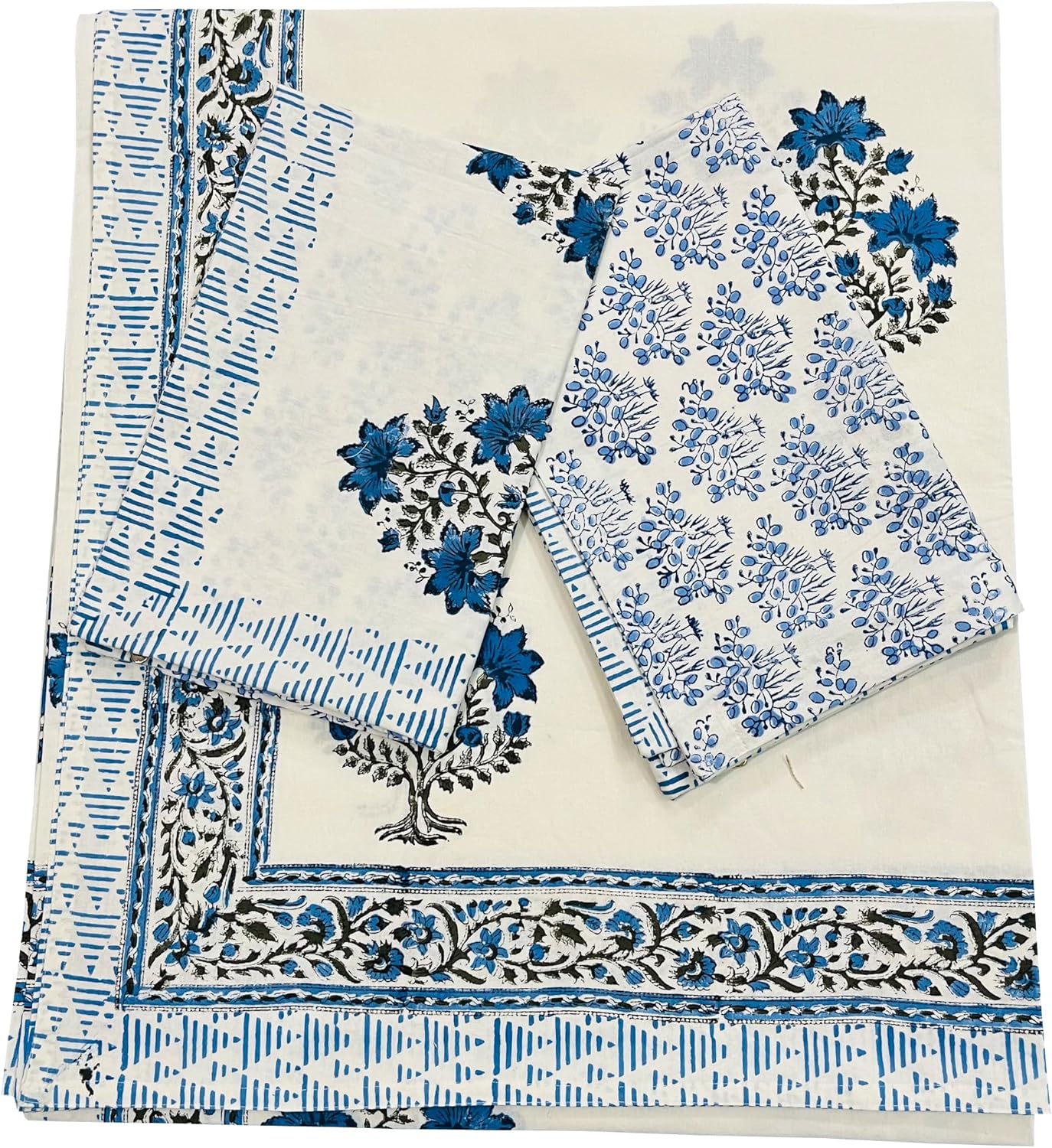 SILKGRAM Textiles Cotton New Bed Sheets Full Size Block Floral Printed Handmade Bedsheet Soft Bedcover Bedspread Bed Cover with 2 Pillow (Twin)