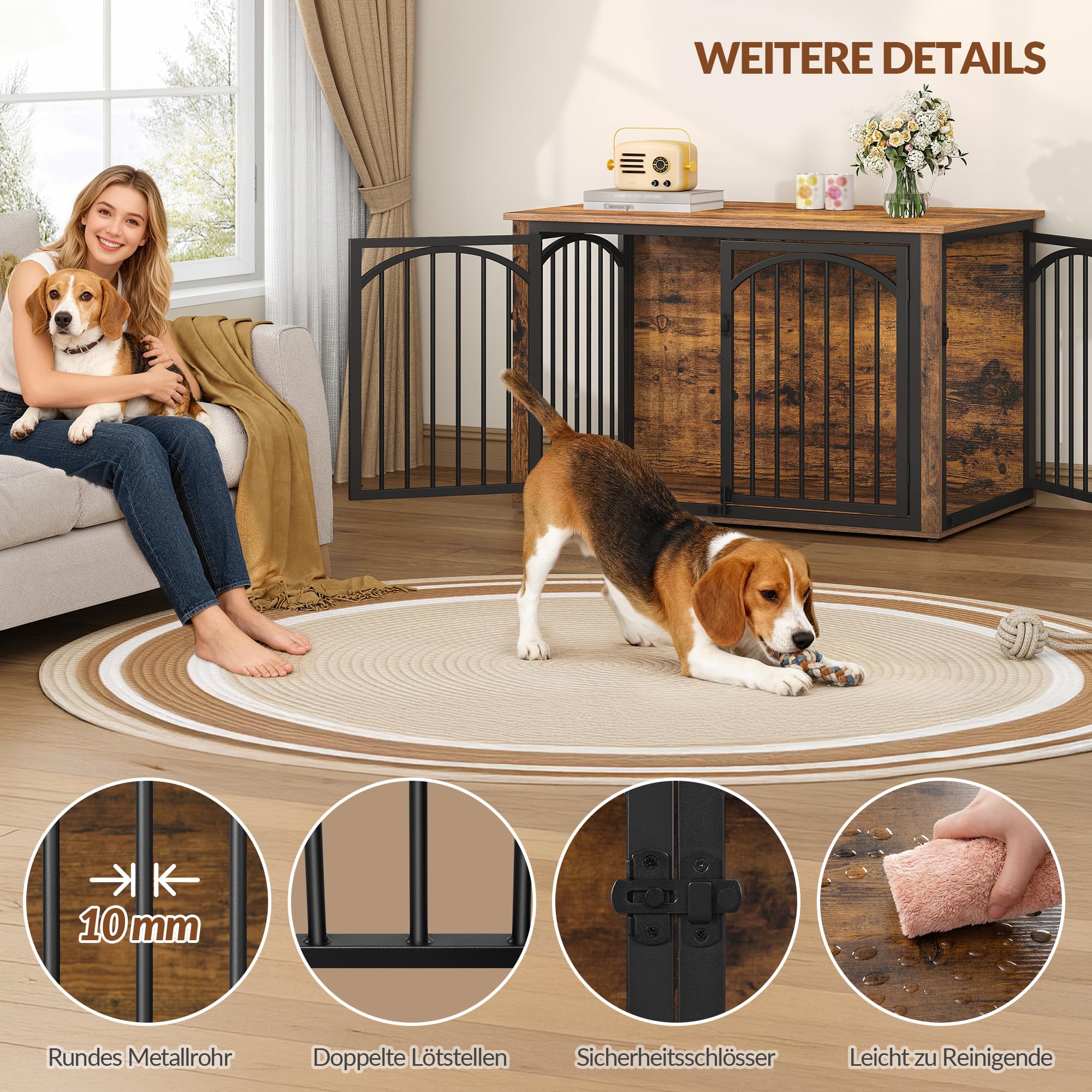 Hundekäfig Möbel, 100cm Hundebox für Zuhause mit 4 Türen, Moderne Hundebox Holz, Beistelltisch, für Mittelgroße bis Große Hunde, Hundekäfig Indoor, 100 x 60 x 63 cm, Vintagebraun und Schwarz