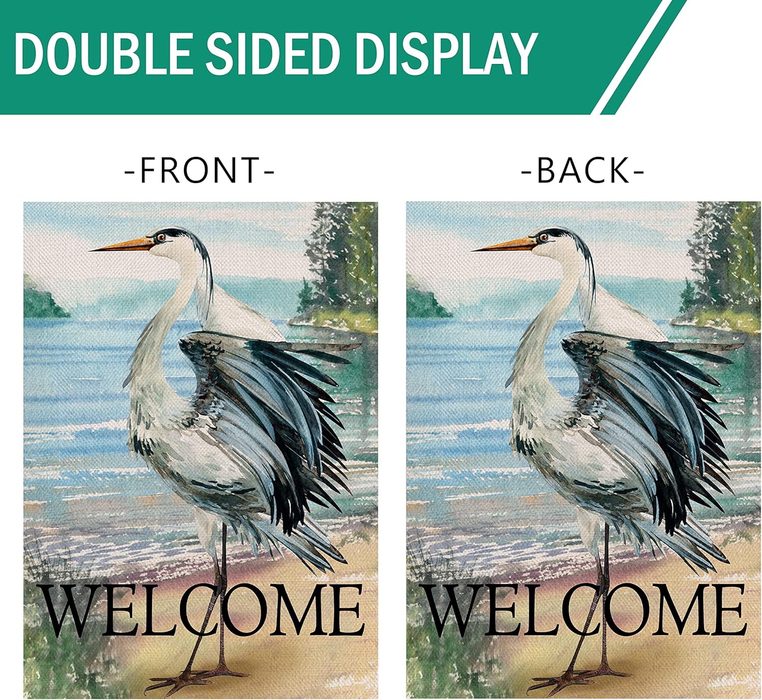 Furiaz Welcome Spring Summer Seabird Coastal Beach Large Decorative House Flag, Blue Heron Yard Bird Sea Lake Ocean Home Outside Decoration, Nautical Tropical Outdoor Decor Double Sided 28x40