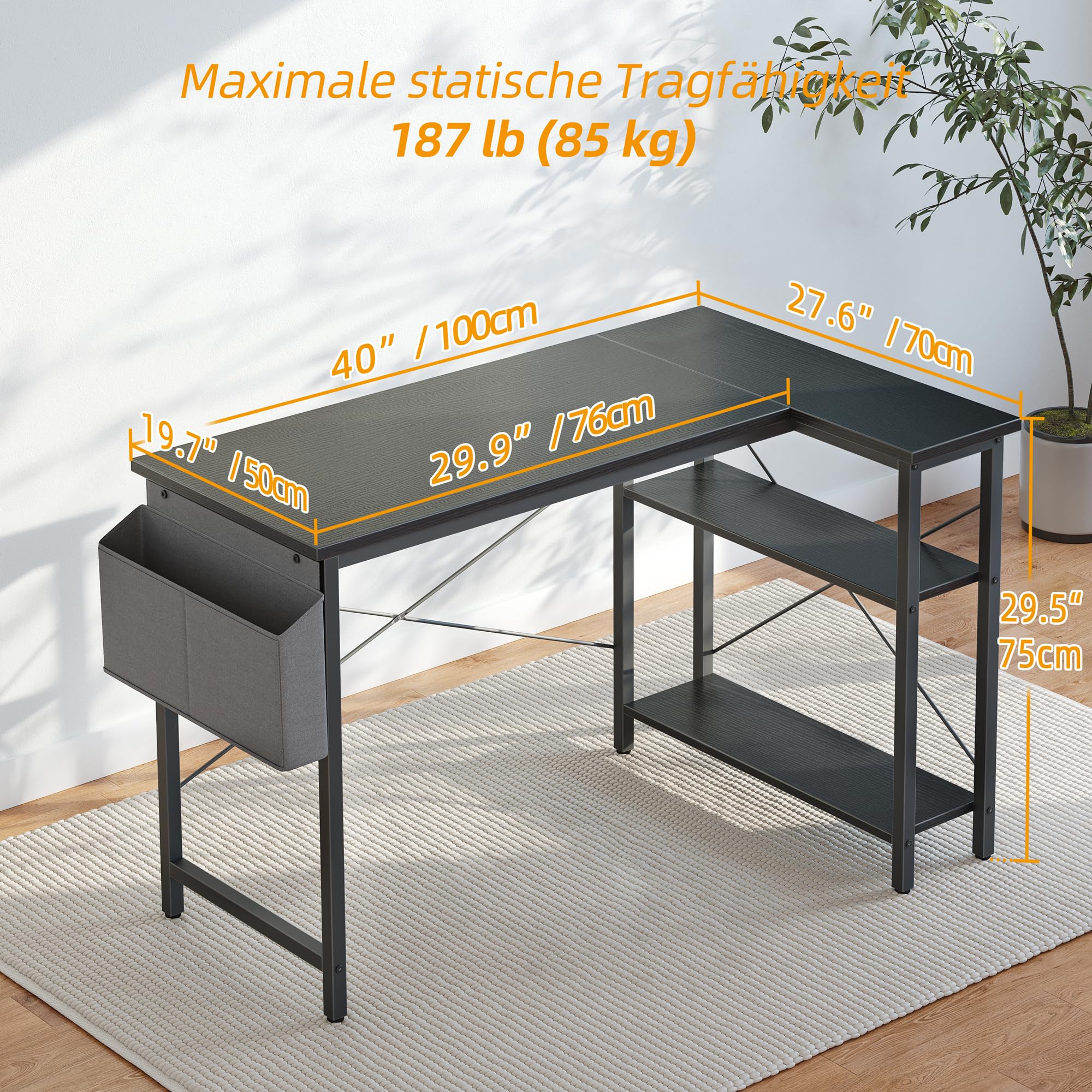 BEXEVUE L-förmiger Schreibtisch – 100x70 cm Gaming Tisch mit Ablagefächer, Umkehrbarer PC Ecktisch Computertisch, Corner Gaming Tisch für Studium Arbeit Zuhause Schlafzimmer, Schwarz