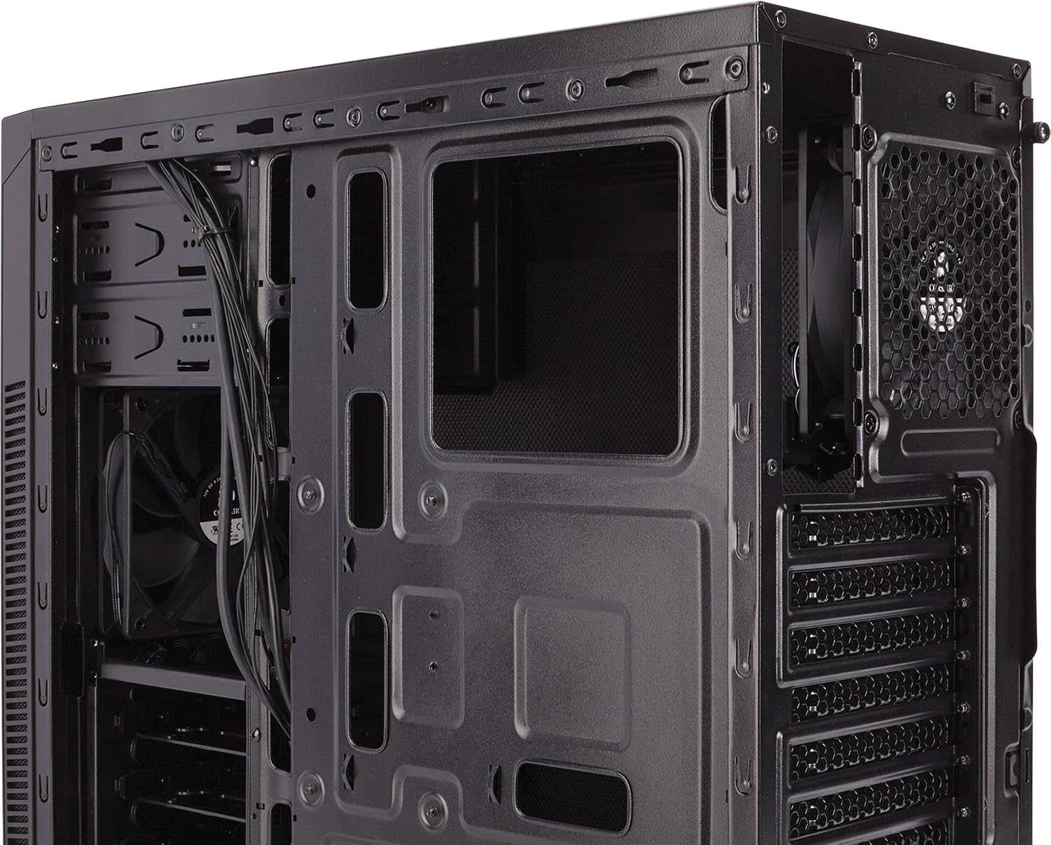 Angled internal view of Corsair Carbide Series 100R Silent Edition case showing cable routing options