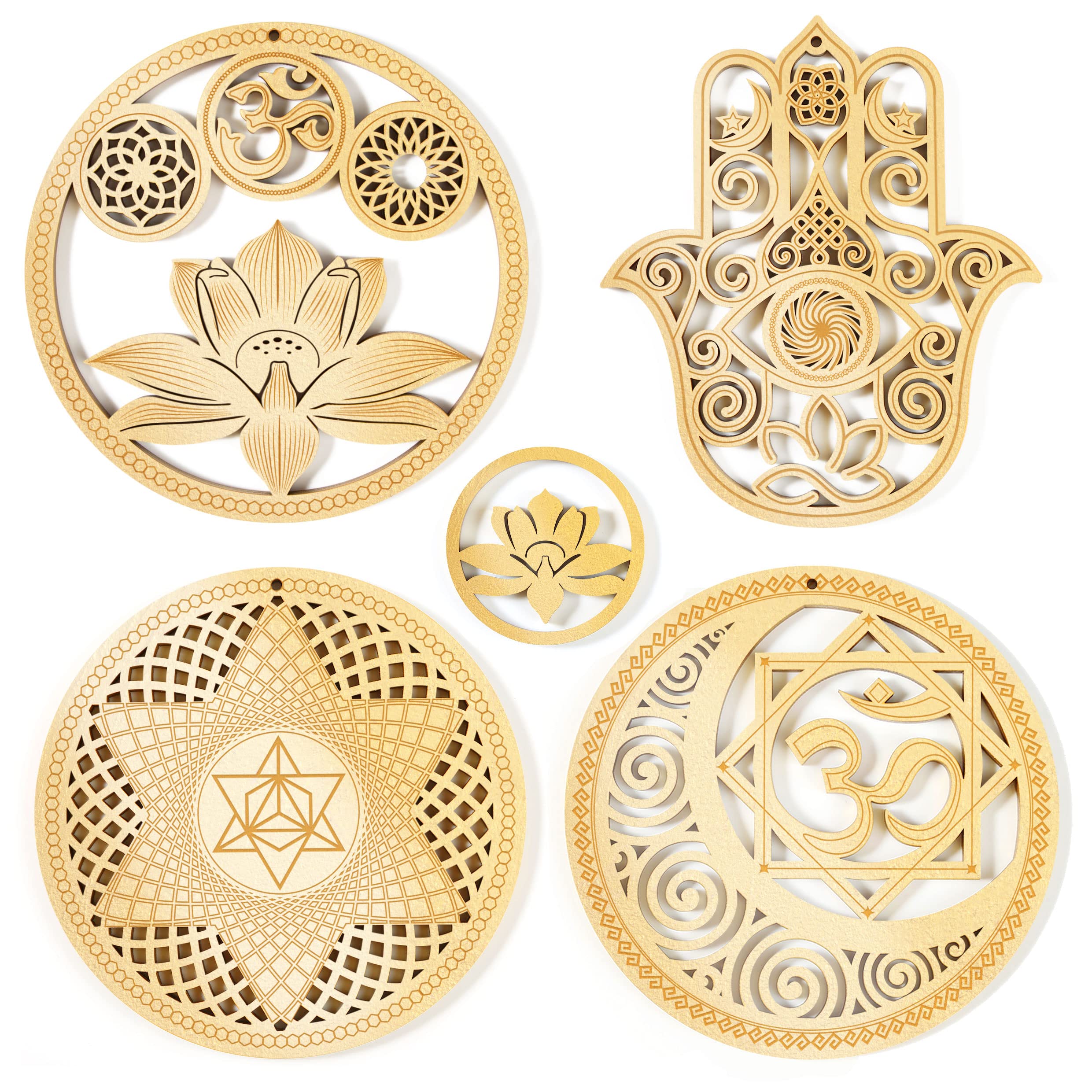 5.31" Sacred Geometry Wall Art 4 PCS Set, (Metatron Cube with Chakras,Torus,64 Tetrahedron,Star Tetrahedron) Crystal Grid Meditation Chakra Wooden Wall Art Yoga Spiritual Room Decor Gifts