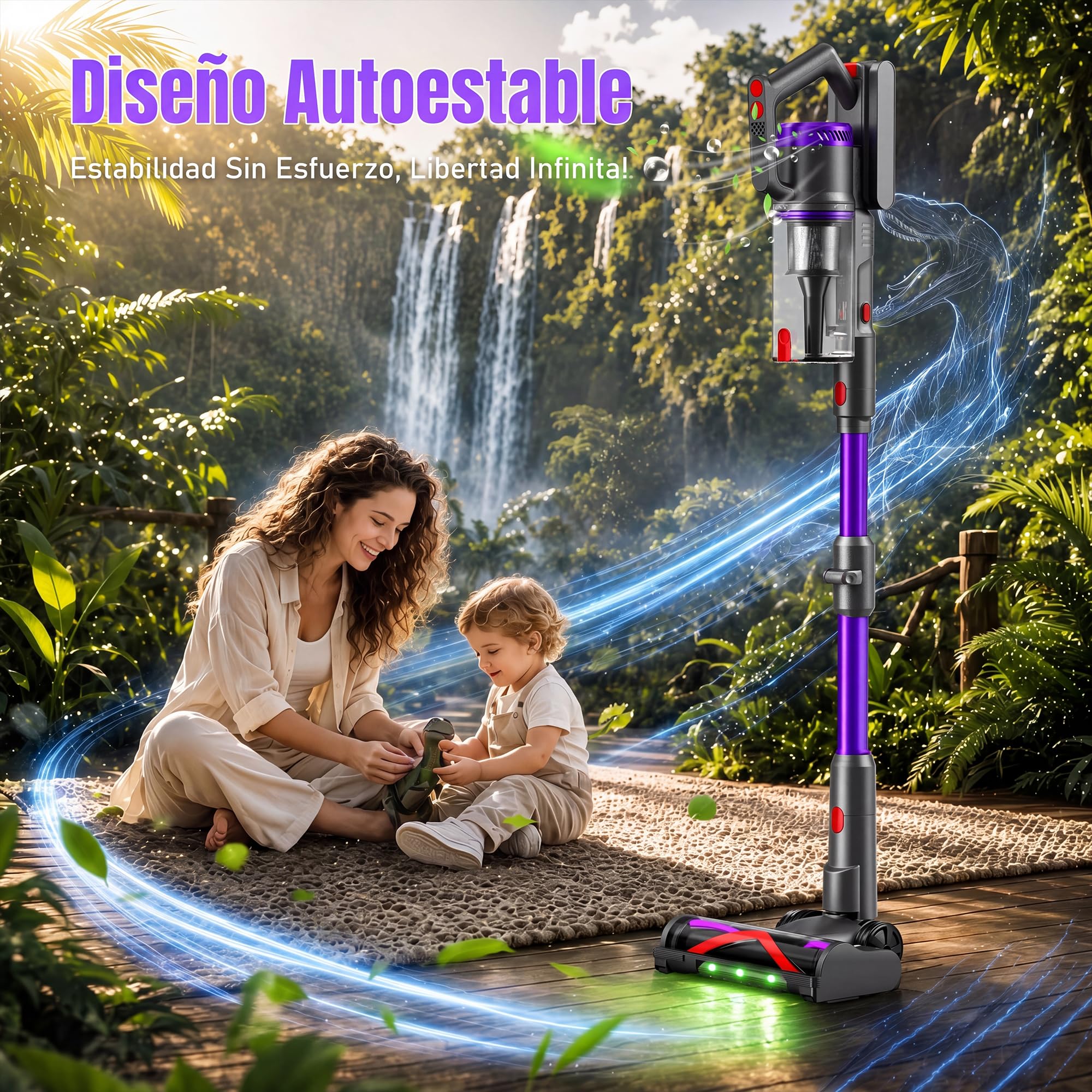 Aspiradora Sin Cable 58000Pa/600W/75Min, Escoba Aspiradora sin Cable con Brazo Flexible 1.6L, Modo Automático, Aspirador Inalámbrico Antienredo, Ideal para Suelos, Alfombras y Pelo de Mascotas