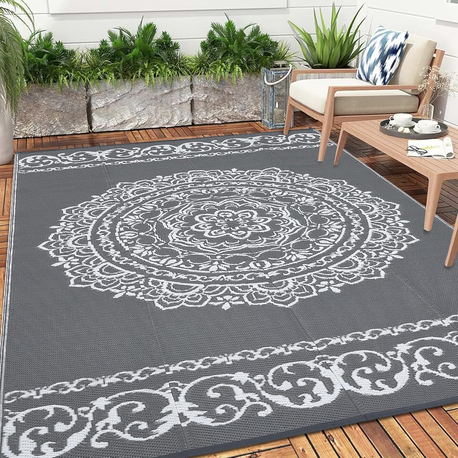 6x9 Waterproof Outdoor Rug Boho Waterproof Reversible Plastic Straw Rugs Patio Camping Carpet Outside Mat for RV Picnic Backyard Deck Poolside Balcony Porch Beach, Grey/White