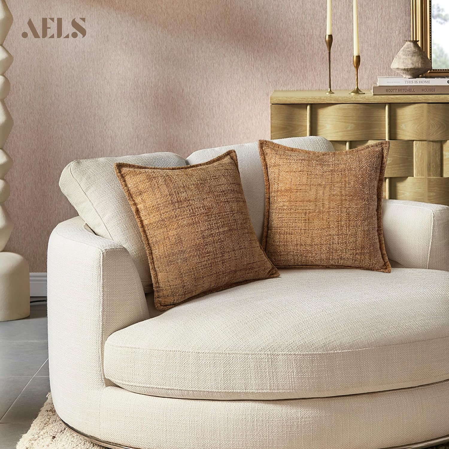 AELS 16x16 Decorative Chenille Farmhouse Throw Pillow Covers, Woven Pillow Case, Set of 2, Boho Textured Cushion Cover for Sofa Couch Living Room (Cover ONLY), Caramel Brown - Image 5