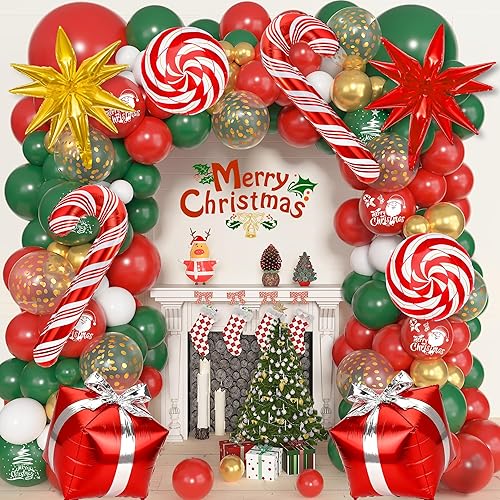 Ouddy Life Kit de arco de guirnalda de globos de Navidad, 181 piezas de decoraciones de fiesta de Navidad, globos de árbol de muñeco de nieve rojo,