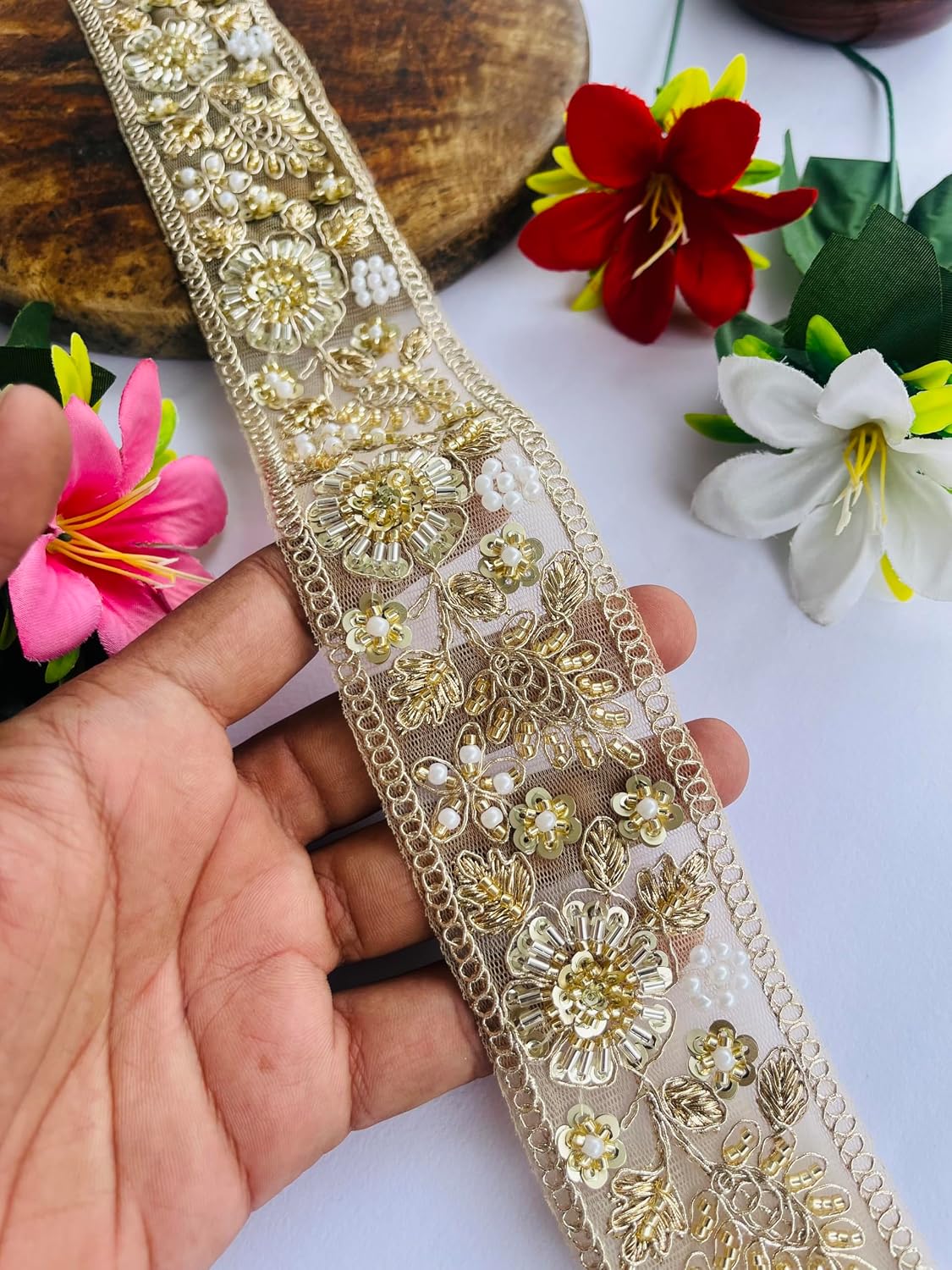 Elegant Gold Floral Embroidered Trim, Pearl Beaded Lace Ribbon with Chain Border, Champagne, Wedding Dress Sewing Applique, Available in 1, 3 and 6 Yard (3)