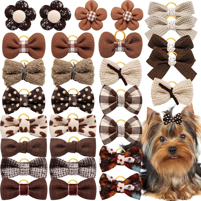 20Pcs Brown Dog Hair Bows with Rubber Bands for Small Medium Dogs | Handmade Pet Bows & Flowers Mix Set, Secure & Non-Slip, Lightweight & Fur-Friendly, Great for Party Holiday & Daily Grooming