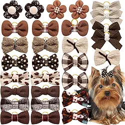 20 peças de laços de pelo de cachorro pequeno marrom com faixas de borracha, laços de pelo de cachorrinho a granel, mistura feita à mão, fofo, flor, bola, laço, nó superior para feriados