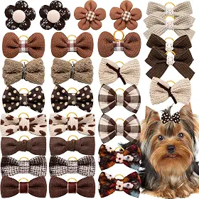 20 peças de laços de pelo de cachorro pequeno marrom com faixas de borracha, laços de pelo de cachorrinho a granel, mistura feita à mão, fofo, flor, bola, laço, nó superior para feriados
