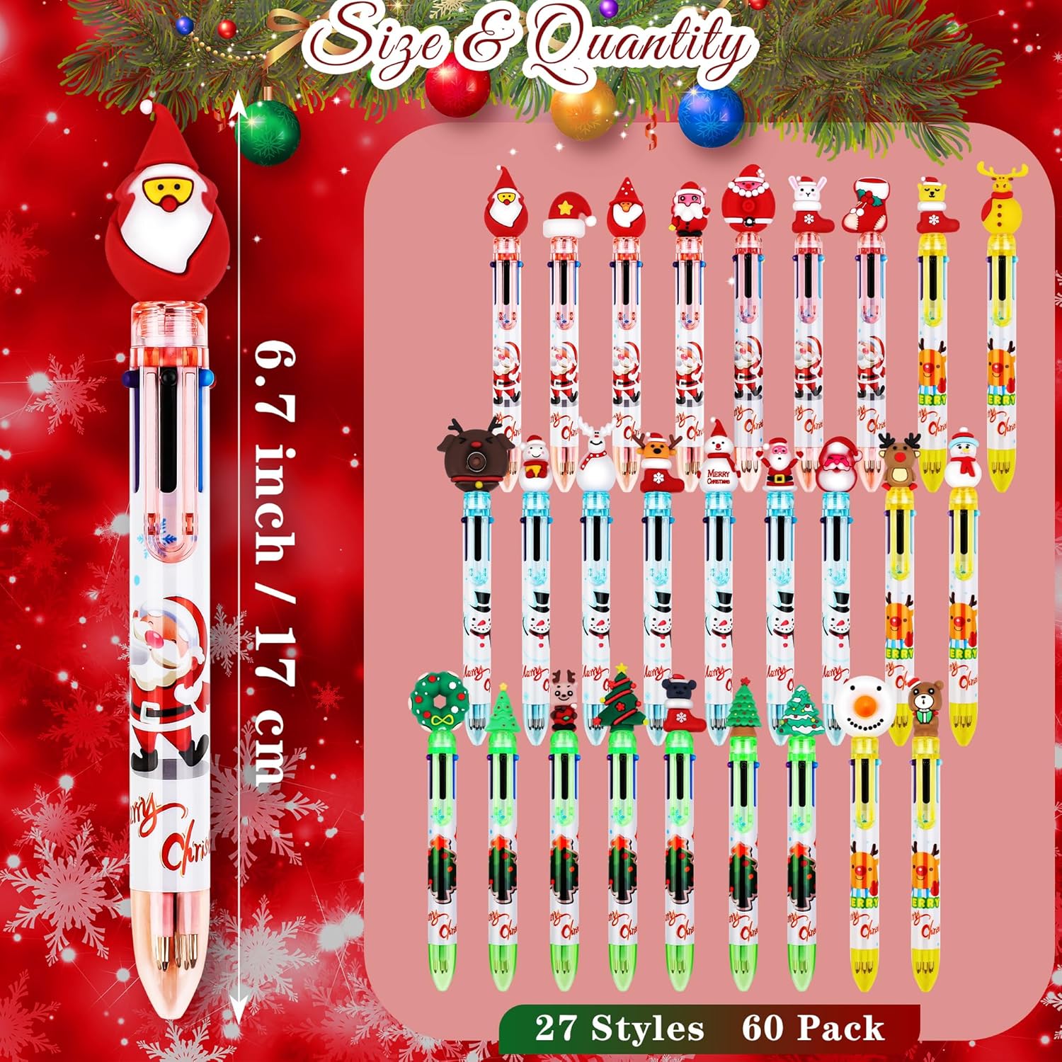 Aodaer 60 Pieces Christmas Ballpoint Pens 6-In-1 Multicolor Retractable Ballpoint Pens Christmas Tree Snowman Reindeer Santa Claus Christmas Party Gifts for Office