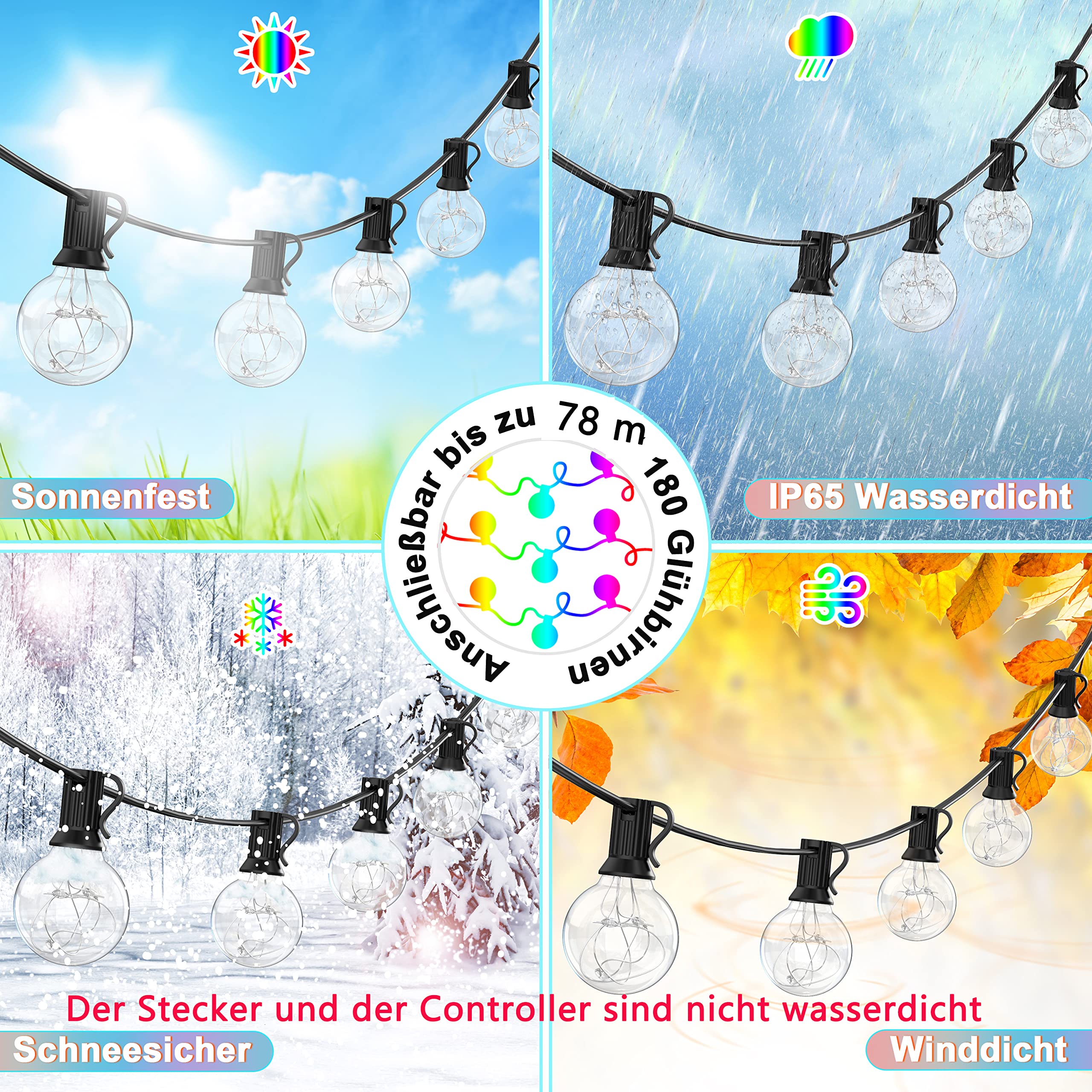 StarryEver LED Lichterkette Außen Bunt, Erweiterbar 30+2 Glühbirnen Lichterkette Außen Strom, 24 Farben 9M G40 Outdoor Lichterkette mit Fernbedienung Timer für Garten Balkon Terrasse Hof Party Deko