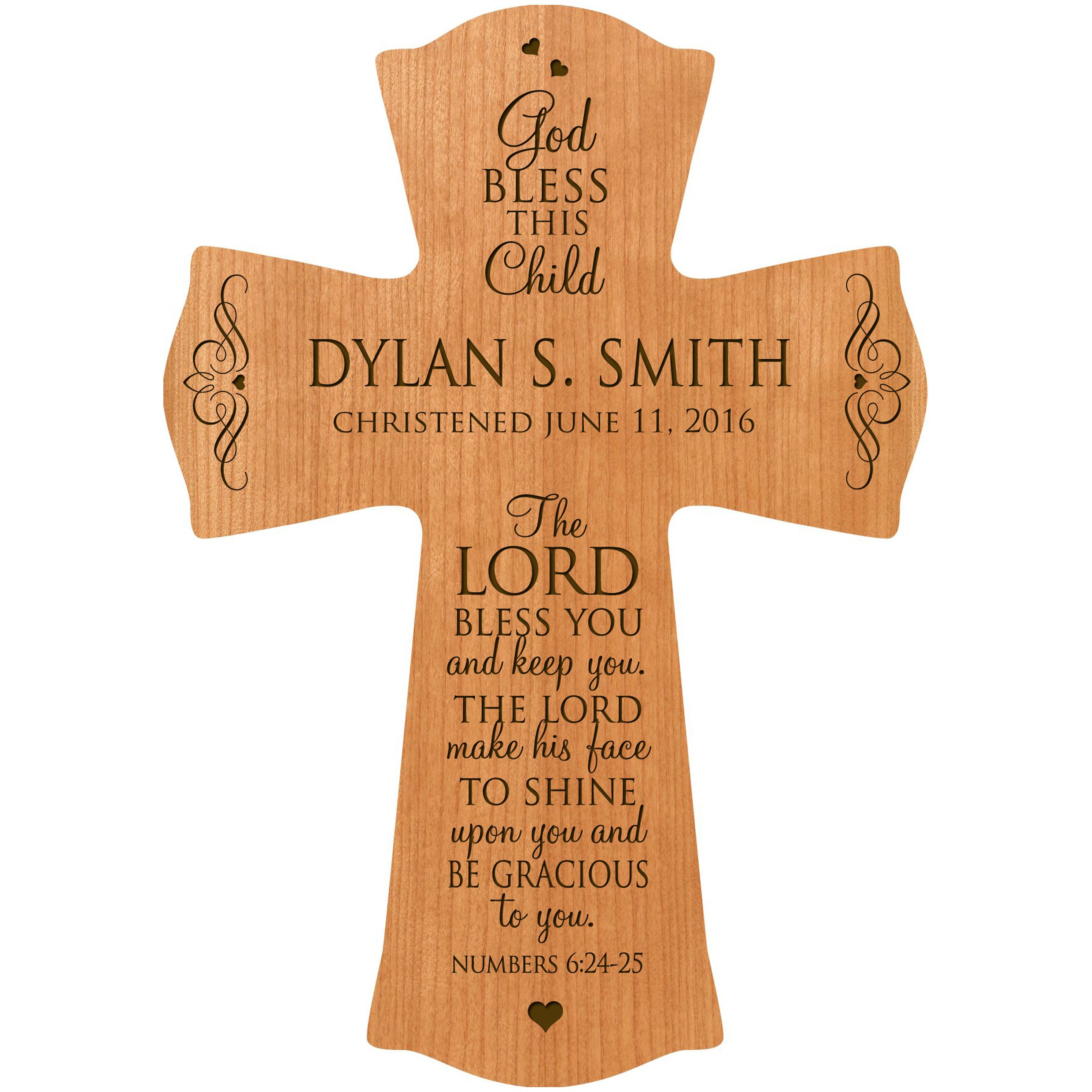 LifeSong Milestones Personalized Baptism 1st Holy Communion Christening Wall Cross Decoration God Bless This Child the Lord Bless You and Keeps You (8.5" x 11", Cherry)
