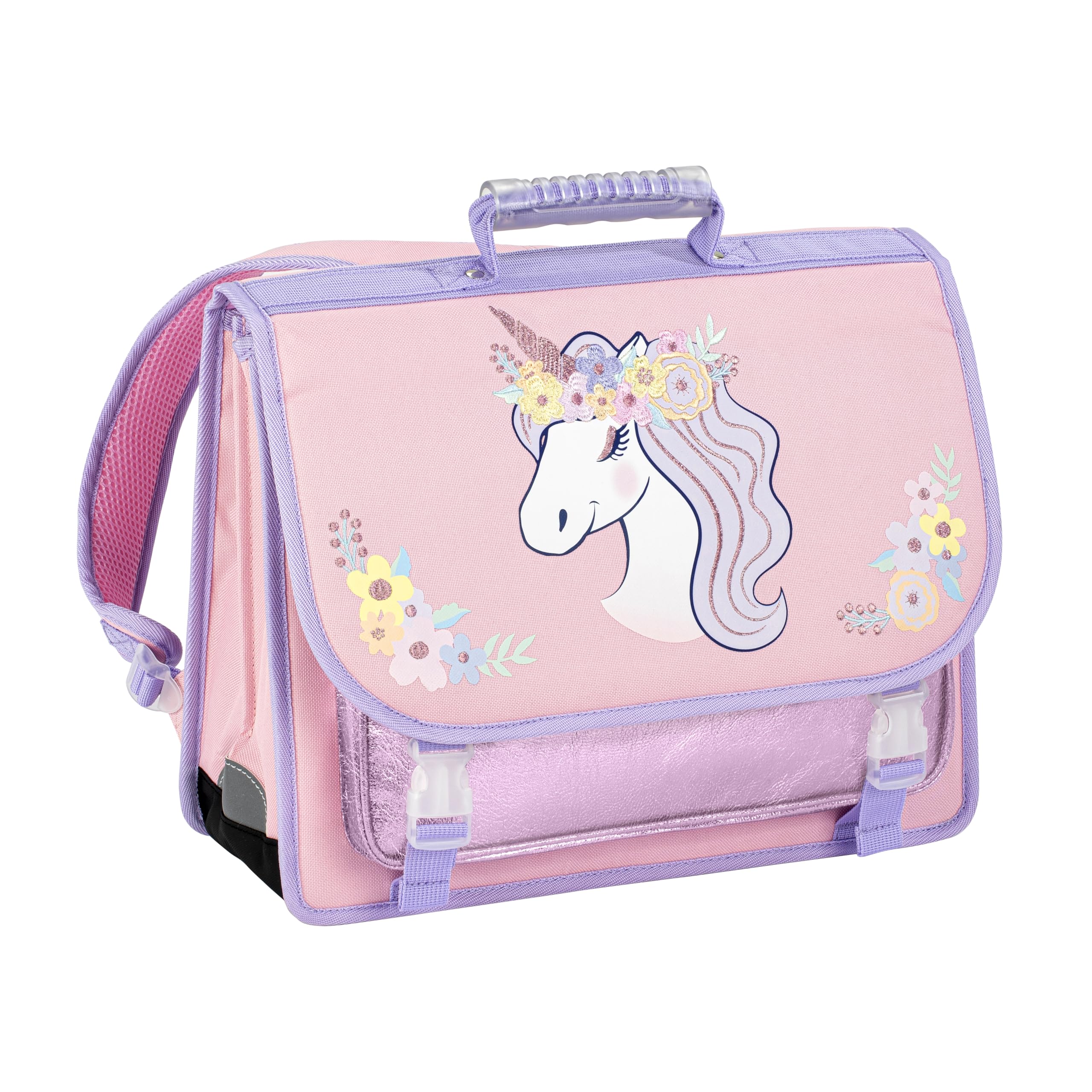Viquel - Cartable Primaire Floral Unicorn - Cartable Fille Licorne 2 Compartiments - Rose Sac Scolaire Ergonomique avec Bandes réfléchissantes, Compartiments Multiples