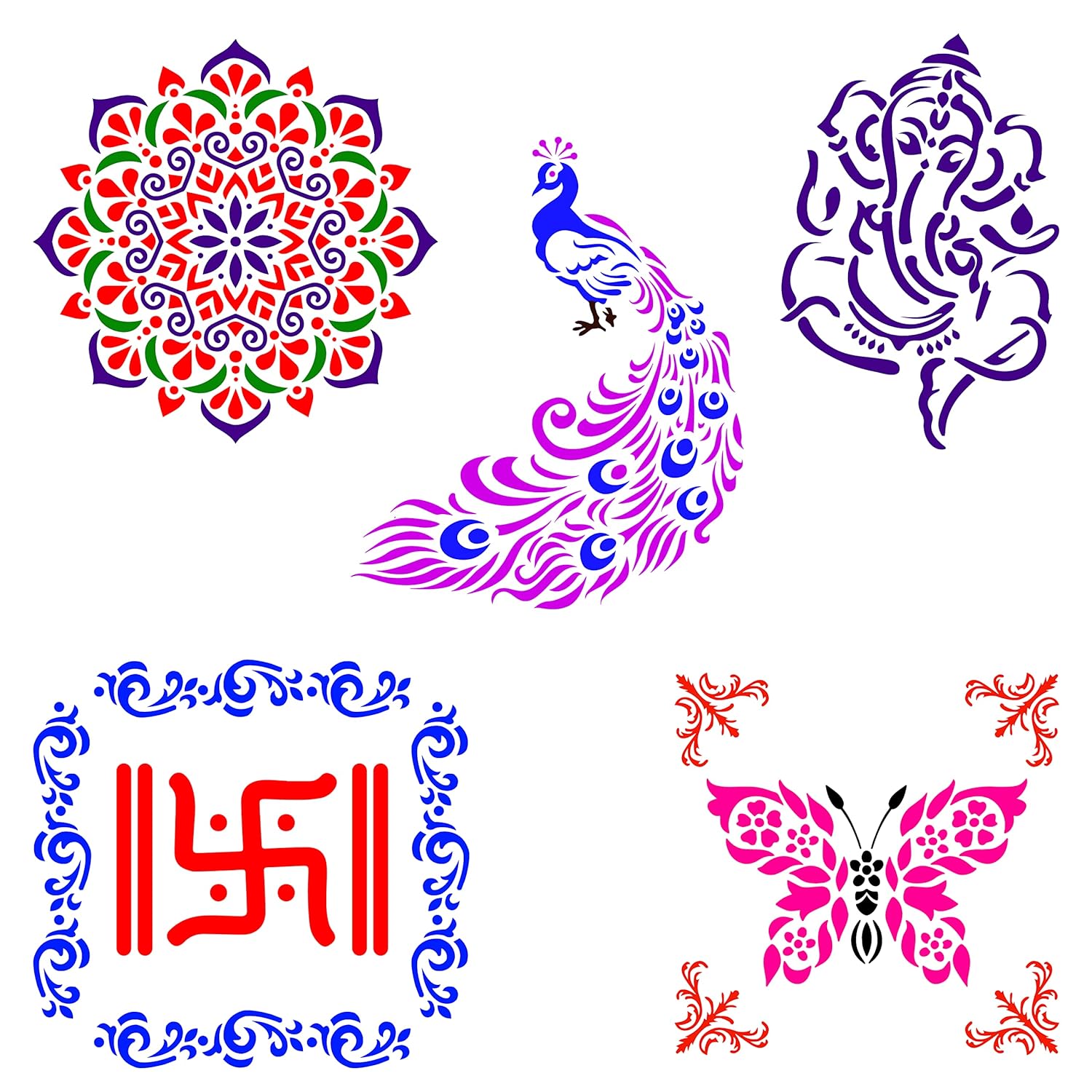 Solobolo Peacock Rangoli Kit with 6 Rangoli Colours Ganesha Rangoli