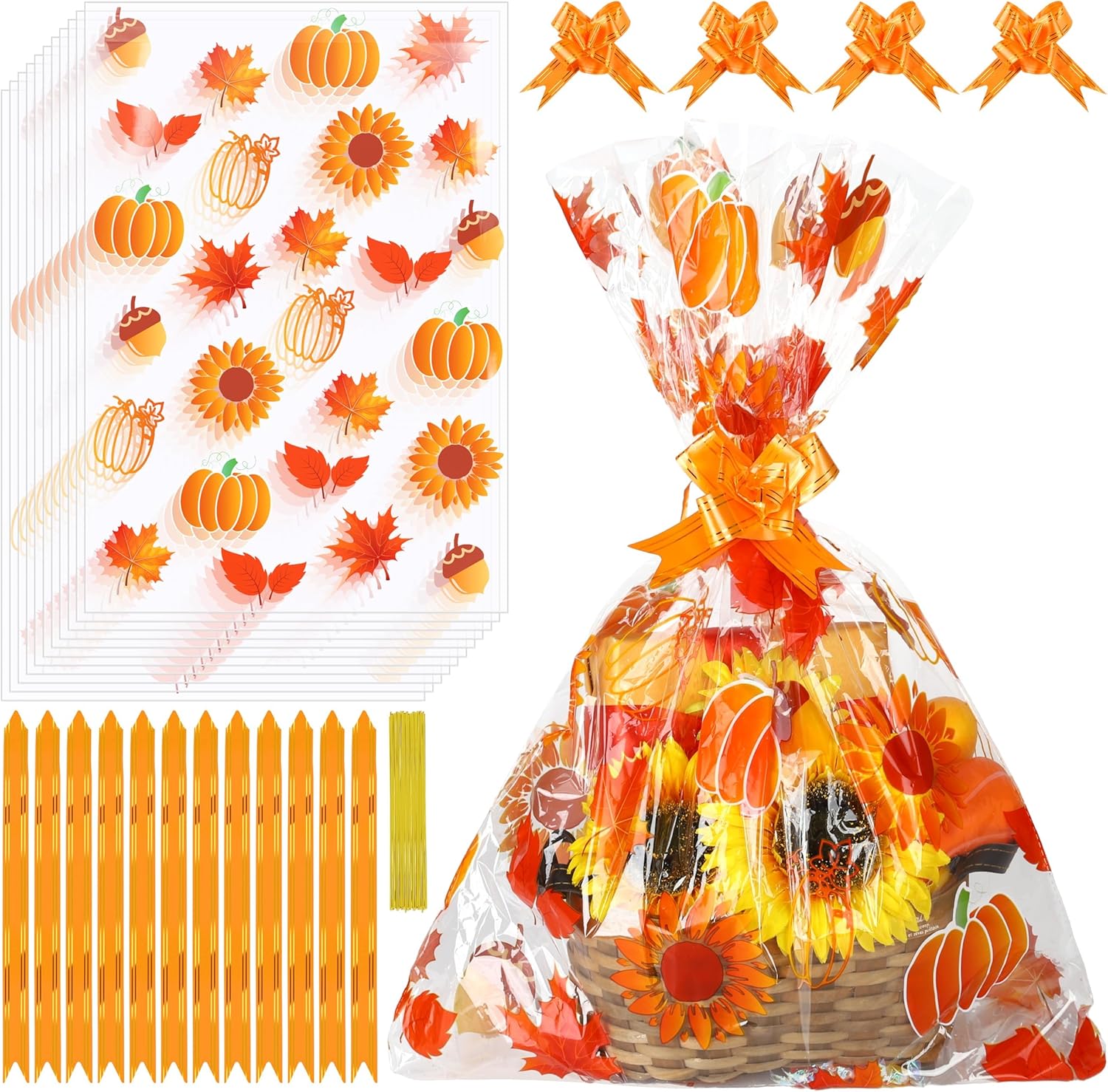 MIMIND 12 Pieces Fall Thanksgiving Large Basket Bags Cellophane Gift Bags Bulk 19.7 x 27.6 Inch Fall Plastic Gift Wrap Bags with 12 Pull Bows 20 Twist Ties for Thanksgiving Gift Baskets