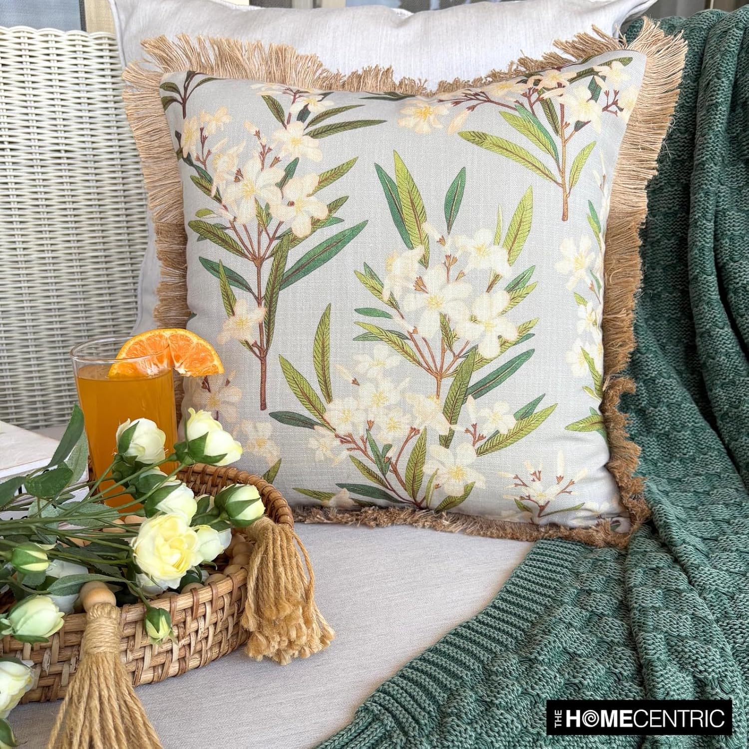 Pack of 2 Gray Decorative Throw Pillow Covers 26"x26" | Contemporary Cotton Cushion Cover Floral | Printed, Jute Lace Pillowcases for Couch / Sofa & Bed, Modern Home Décor - Petal Whisper