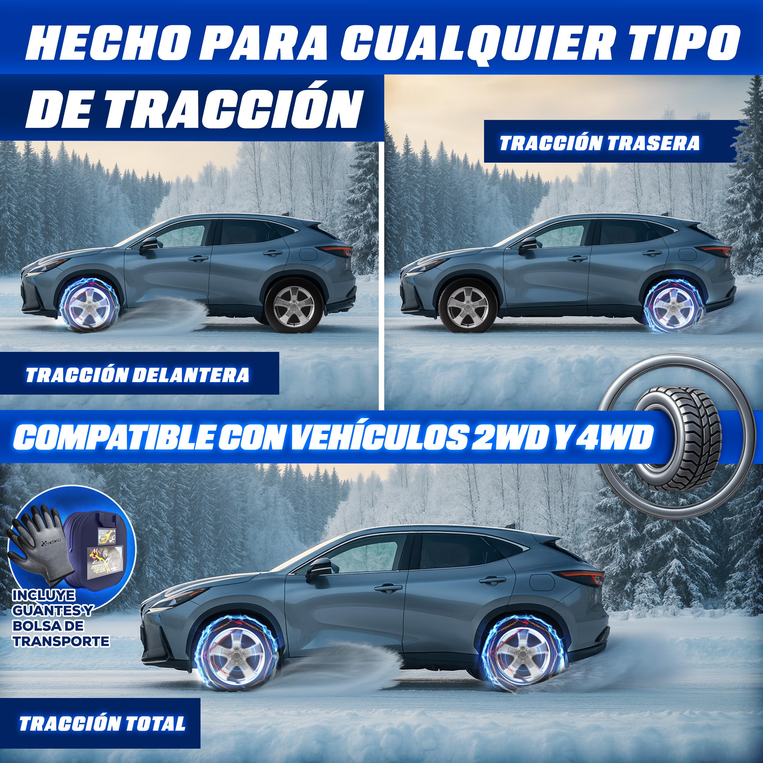 TRESKO 2x Cadenas de nieve para coche, incluye guantes y caja de almacenamiento, cadenas de neumáticos de metal para coches, cadenas de nieve EN 16662-1 & ÖNORM V5117 | Montaje rápido | para delantero