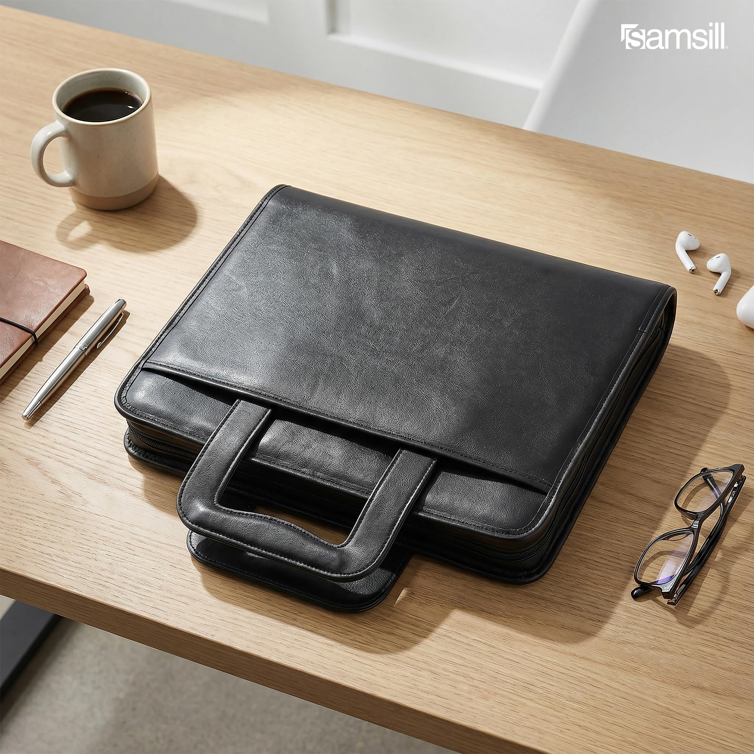 Samsill profesional funda de cartera con cierre de cremallera, tamaño de letra 2 asas, anillas extraíbles, retráctil, bloc de notas, interior Funda para Tablet 10.1 Pulgadas, Negro