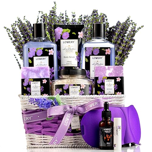 Cesta de regalo de spa lavanda y lila para mujeres y hombres jabón hecho a mano popurrí bomba de baño aceite de jojoba bálsamo labial orgánico y más