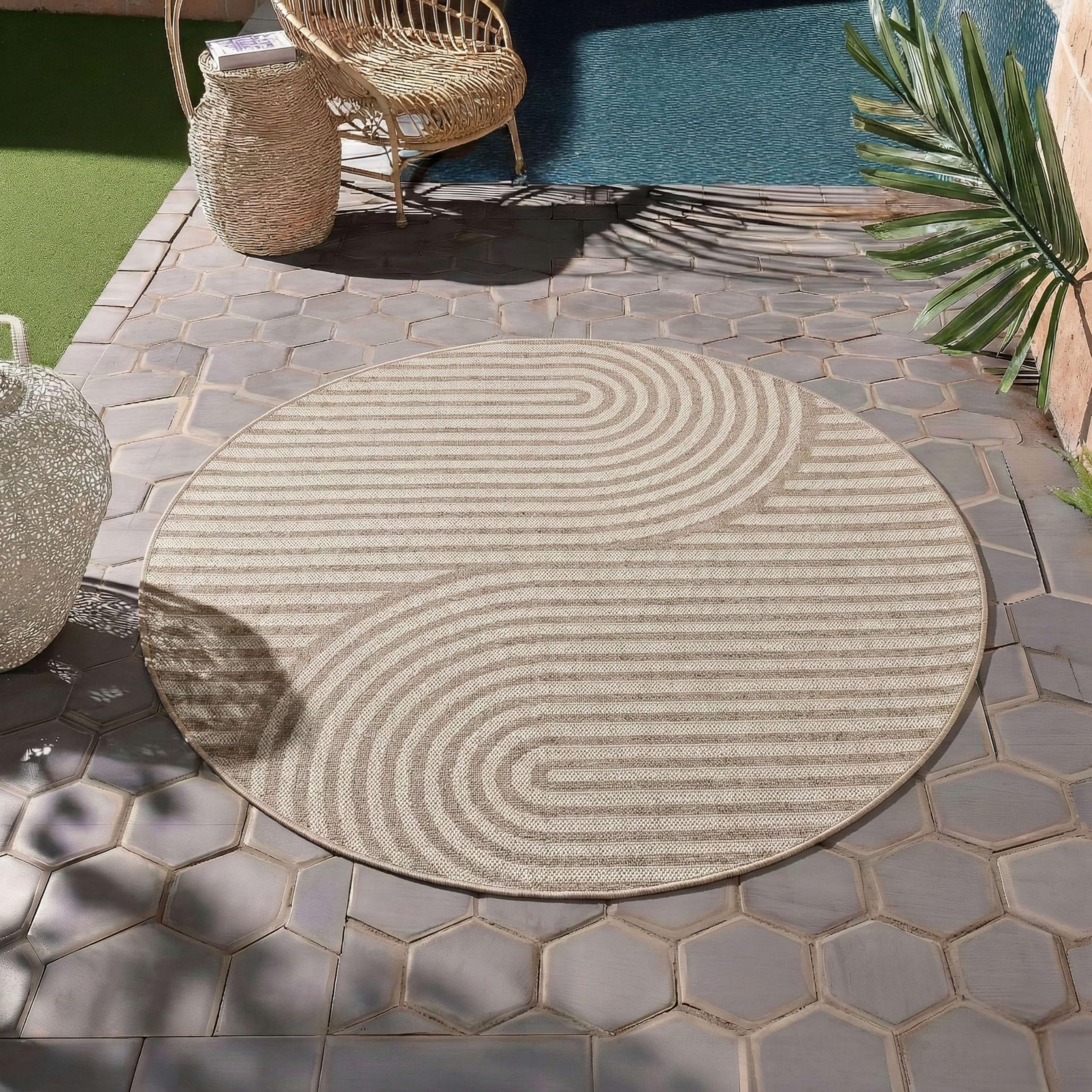 HomebyHome Outdoor Teppich Beige Wetterfest UV-beständig Pflegeleicht Skandinavisches Boho Design für Küche Balkon Terrasse Garten Wohnzimmer Esszimmer