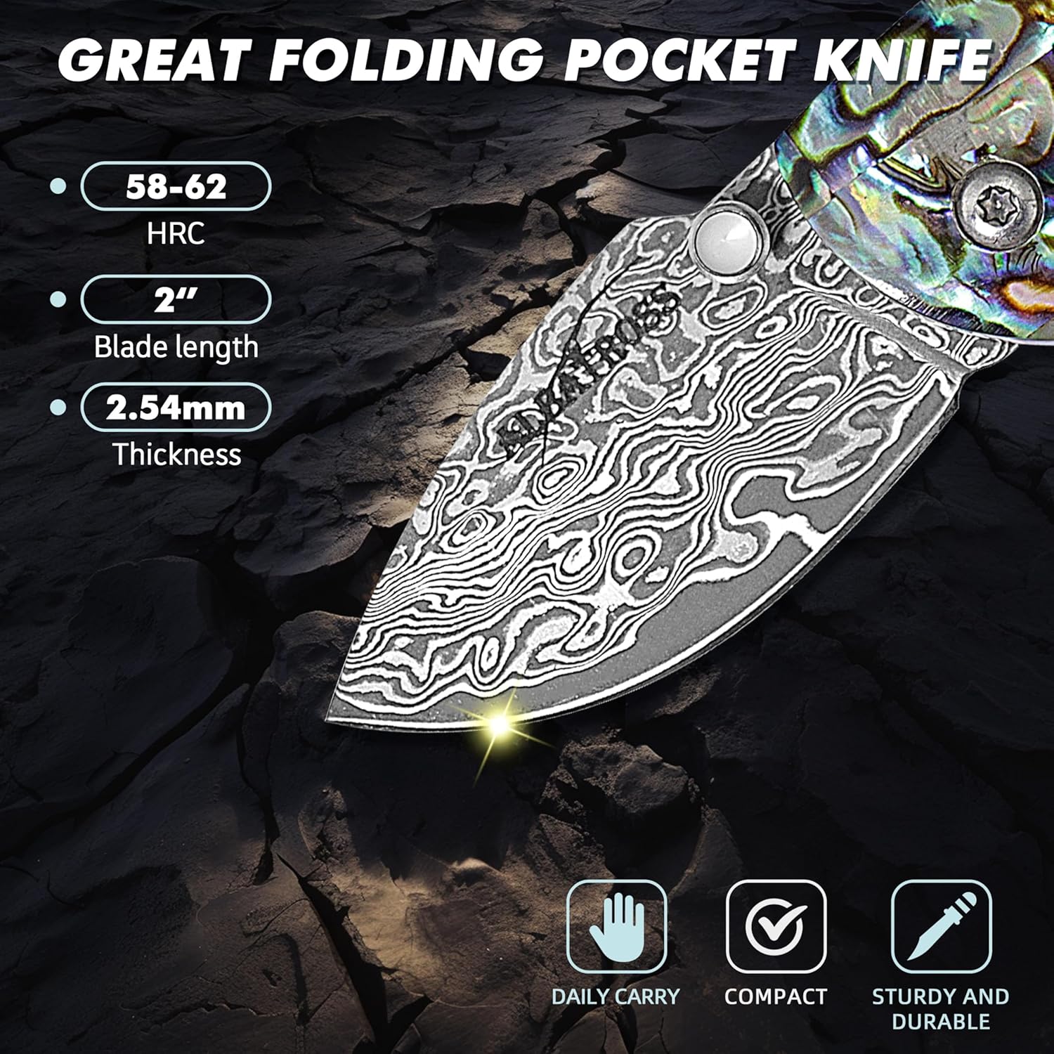 Father's Day, Mother's Day & Birthday Gift for Him, Her - Premium Mini Pocket Folding Knife for Husband, Boyfriend, Father, Wife, Girlfriend, Mom - Smooth Manual Opening, Abalone Shell Handle, Damascus Steel Blade, Luxury Gift Box