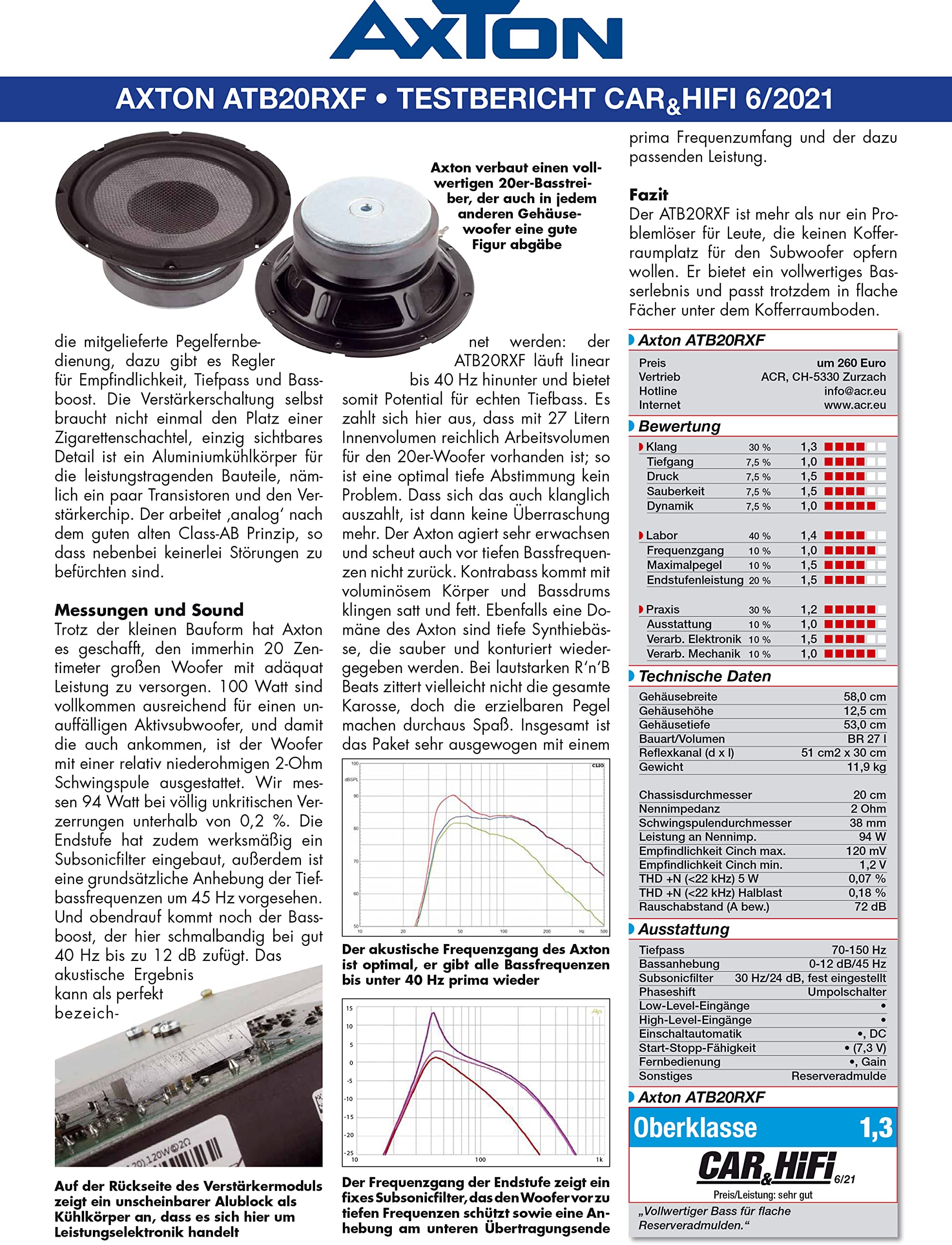 AXTON ATB20RXF: Flacher Aktiv-Subwoofer für die Reserverad-Mulde, Bassreflex Bassbox fürs Auto mit 20 cm/8“ Langhub Woofer, Gehäuse nur 125 mm hoch, High-Level Eingänge, 120 W
