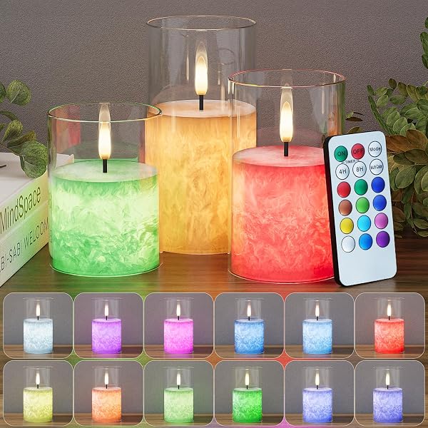 VIODAIM Ice Crystal Real Wax Glass Flameless Candles with Remote & Timer, Battery Operated Candles with Warm Flickering