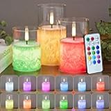 VIODAIM 12Colors Ice Crystal Real Wax Glass Flameless Candles with Remote & Timer, Battery Operated Candles with Warm Flickering Flame, Realistic LED Candle for Wedding Home Decor [D3×H4/5