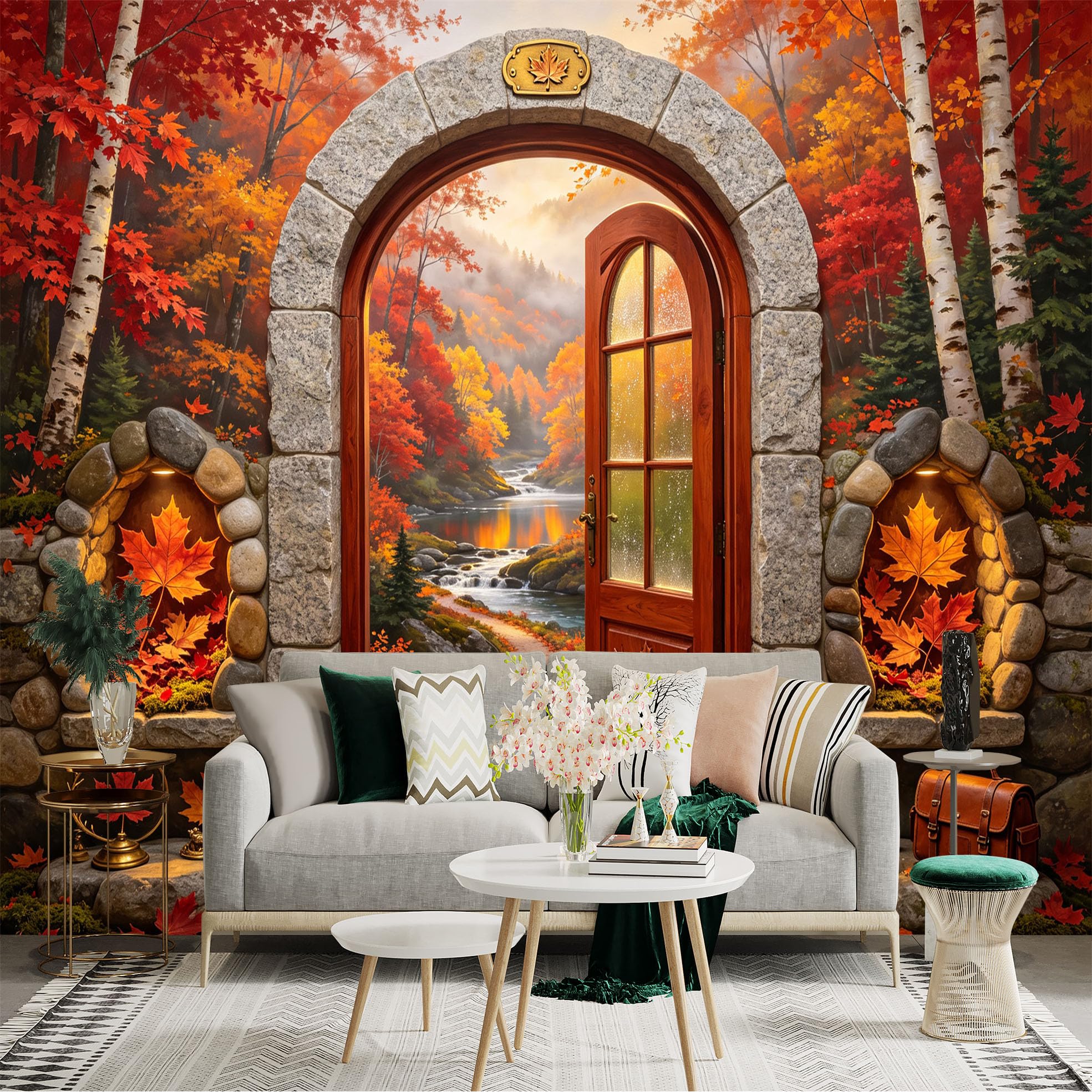 Custom Size Wall Sticker Mural， Autumn Forest Stone Archway River Path Maple Leaves， for wall Decoration， peelandstick wall Decals.