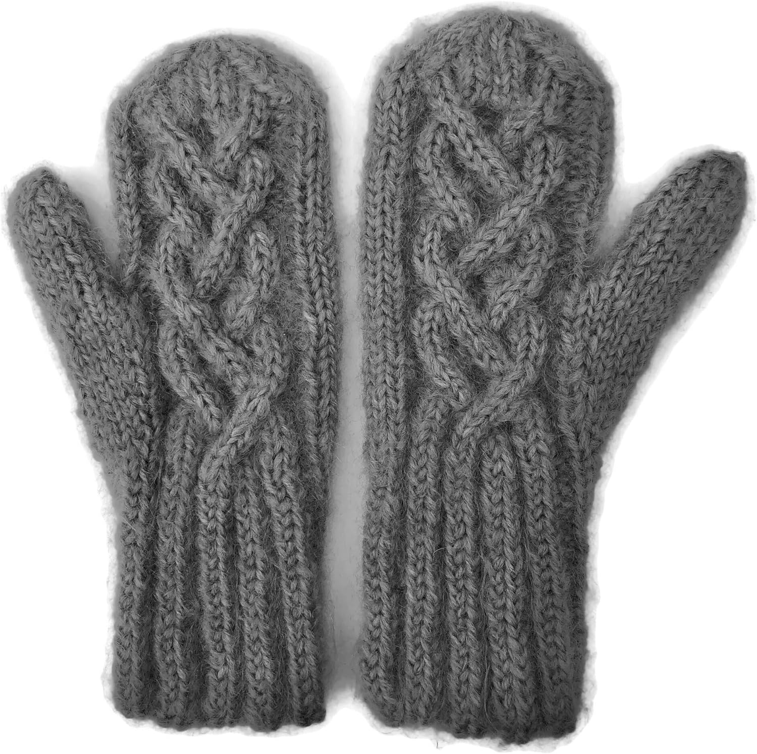 Gray Mittens Hand Knit Wool and Mohair with Celtic Twist Cable