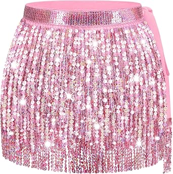 Sarfel Sequin Skirt for Women Sparkly Skirt for Women Shiny Tassel Skirts Glitter Belly Dance Hip Scarf Rave Outfit Halloween