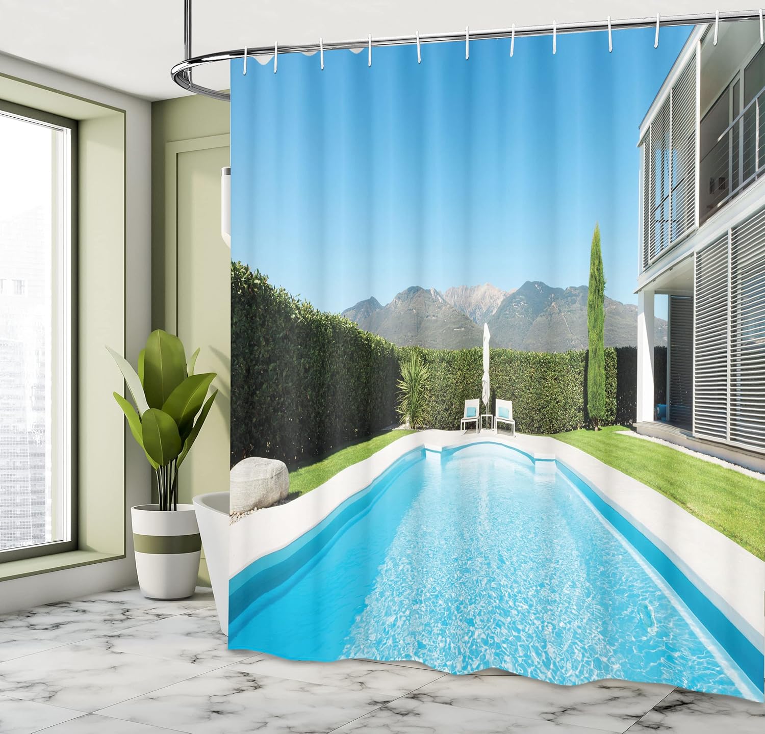 Ambesonne Modern Shower Curtain, Modern Villa with Pool View from The Garden Real Estate Contemporary Property, Cloth Fabric Bathroom Decor Set with Hooks, 69" W x 70" L, White Green