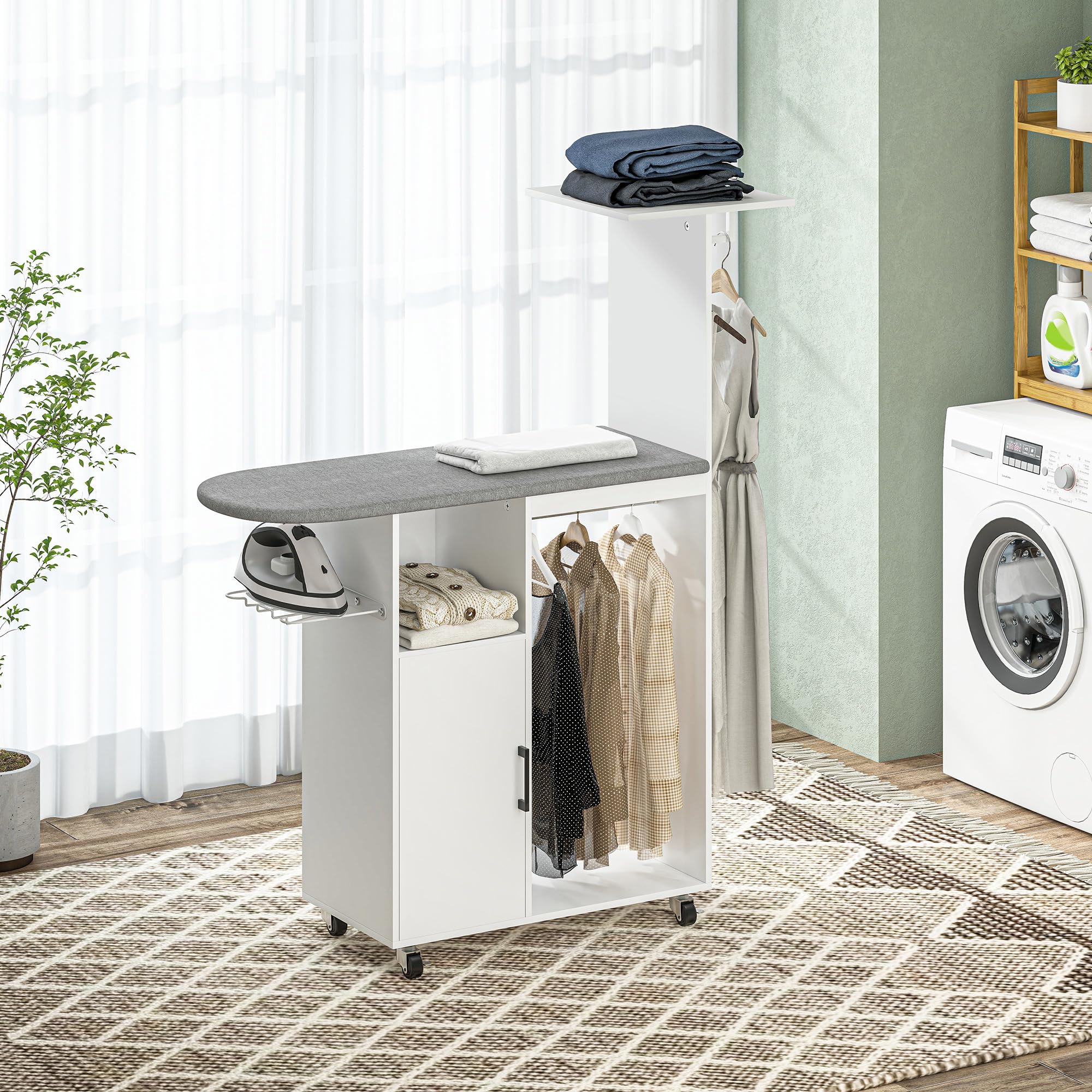 HOMCOM Mueble de Planchar Ruedas Soporte Lateral 127,5x43,5x153 cm Blanco | Mueble de Planchado, Tabla de Planchar, Barra para Ropa, Estante Ajustable