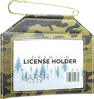 Weatherproof License Holder with Pin Included, Perfect for Hunting, Fishing, Archery Tags and Permits, Clear Window, Premium Quality Hand Stitched Synthetic Leather (Camo)