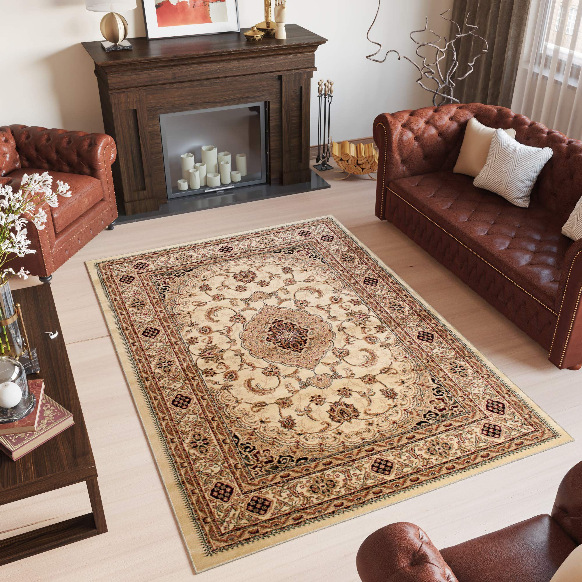 Tapiso YESEMEK klasyczny dywan z krótkim włosiem, orientalny dywan, wzór kwiatowy, wzór i bordiura w kolorze kremowo-beżowym, elegancki barokowy design, do salonu, Ökotex 160 x 220 cm