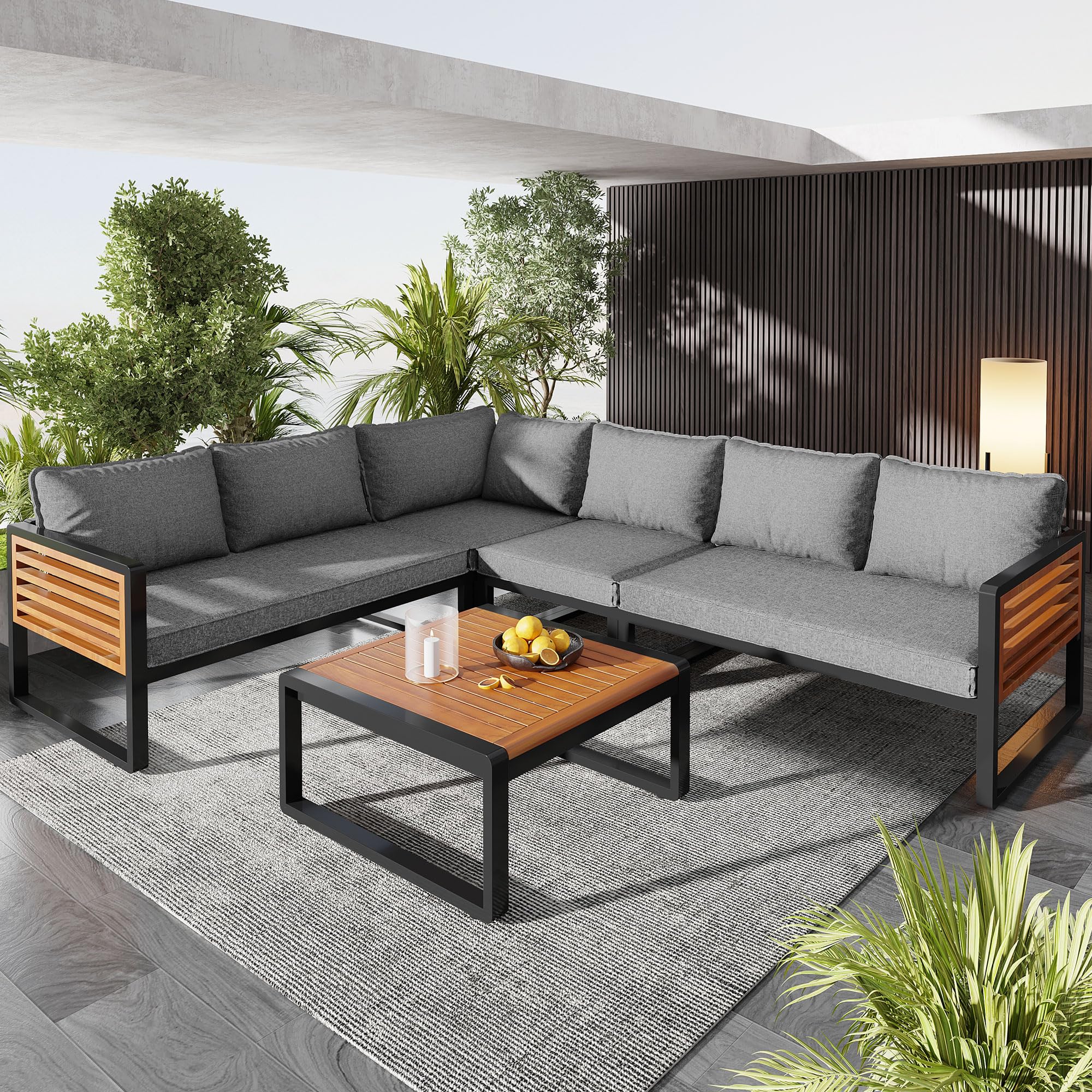 Ensemble Salon de Jardin Exterieur 5-6 Places, Mobilier de Jardin en Métal avec Structure en Fer Zinc et Accoudoirs en Bois, Canapé d'angle Modulable, Table Basse en Bois Massif