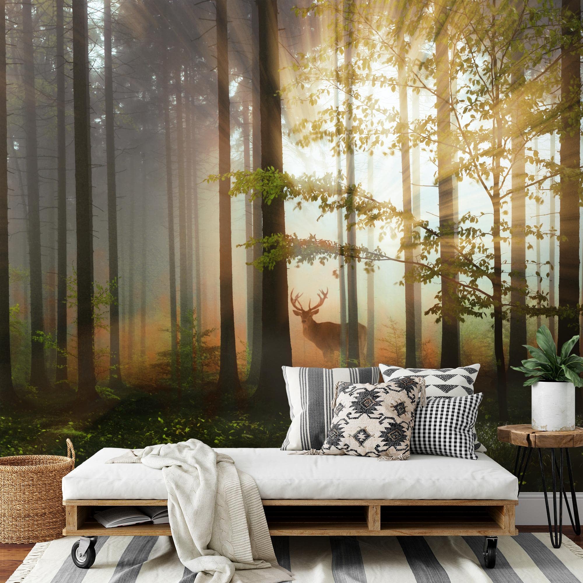 Runa Art Fototapete Wald Hirsch 352 x 250 cm Vlies Tapeten XXL Moderne Wandtapete Wohnzimmer Schlafzimmer Grün Gelb 9387011b