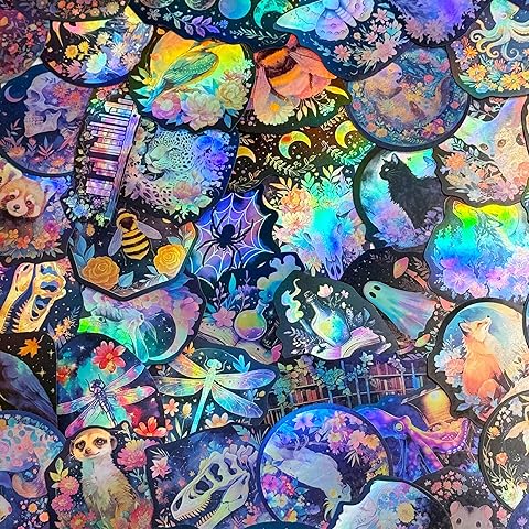 50PCS Holographic Nature Floral Aesthetic Stickers – Waterproof Vinyl Wildlife Animal & Celestial Fantasy Decals for Scrapbooking, Journaling, Laptop, Water Bottle Decoration