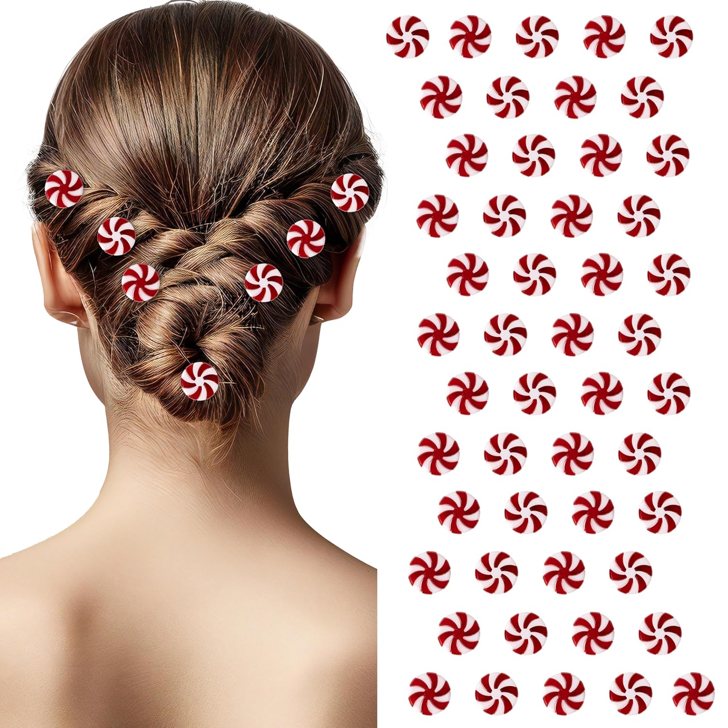 Christmas Candy Hair Clips - 50 Pcs Red and White Peppermint Snap Clips for Women Girls Bulk Holiday Party Favors, Christmas Stocking Filling, Classroom Gifts, DIY Hair Accessories for Xmas